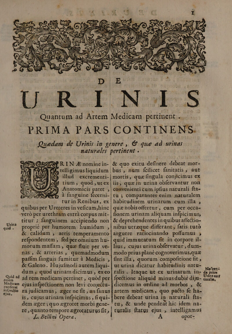 à Quid ad arem Medicam conferat infpectio ejus, .. Quantum ad Artem PRIMA PARS Medicam pertinent. CONTINENS. PRIN Enominein- telligimus liquidum illud excrementi- tium , quod , ut ex Anatomicis patet , à fanguine tiny turin Renibus, ex quibus per Ureteres in veficam;hinc veró per urethram extrà corpus mit- titur ; fanguinem accipiendo non proprie per humorem humidum , &amp; calidum , aeris temperamento refpondentem , fed per omnium hu- morum maífam , quz fluit per ve- paffim fanguis fumitur à Medicis , &amp; Galeno. Hujuímodi autem liqui- dum ; quod urinam dicimus , exeo ad rem medicam pertinet , quód per ejus infpectionem non levi conjectu- ra judicamus , zger ne fit , an fanus is, cujus urinam infpicimus , fi qui- dem zger ; quo zgrotet morbi gene- L. Belhni Opera, r . &amp; quo exitu def(inere debeat mor- |bus, num fcilicet fanitatis , aut mortis, quae fingula conjicimus ex iis, quz in urina obfervantur non | convenienti cum ipfius naturali fta- [tu ; comparantes enim naturalem [bic idiiém: urinarum cum illa , quz nobisoffertur, cum per occa- fionem urinam aliquam infpicimus; &amp; deprehendentes in quibus affe&amp;tio- nibus utraque differant, fatis tutó arguere ratiocinando poffumus , quid immutatum fit in corpore il- lius, cujus urina obférvatur , dum- modo prius plané cognoverimus,quz fint illa, quorum compofitione fit ; uturina dicatur habitudinis natu- ralis . Itaque üt ex urinarum in- fpe&amp;ione aliquid minusdubie diju- dicemus in ordine-ad morbos , &amp; artem medicam , quo pacto fe ha- bere debeat urina in. naturali fta- WEN tu, &amp; unde pendeat hic idem na- turalis ftatus ejus ,. intelligamus A opot- No'cen: da prius Urinanasg turalié,