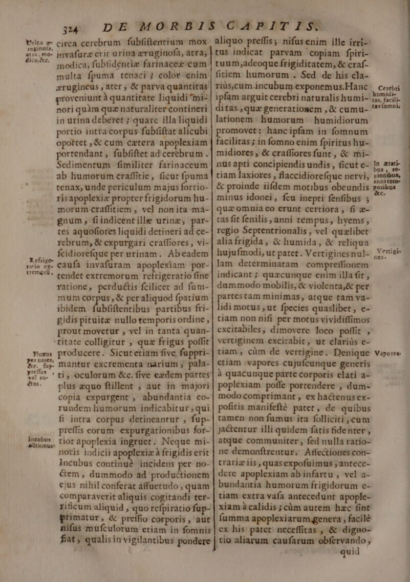 Unna z- 10 ginofa, atra ,mo- dica, &amp;c. A efiige- 7210 exe tremor, 314 DE circa cerebrum | fubfiftentium mox invafurz eric urina eruginofa, atra; multa fpuma tenaci ; color enim proveniuntà quantitate liquidi *mi- nori quàm quz naturaliter contineri in urina deberet ; quarc illa liquidi portio intra corpus fab(iftat alicubi opottet , &amp; cum caetera apoplexiam portendant , fubfiftet ad'cerebrum . Sedimentum fimiliter farinaceum ab humorum craffitie, ficut fpuma tenax, unde periculum majus fortio- risapoplexiz propter frigidorum hu- morum craffitiem , vel non ita mà- gnum, fiindicentille urinz, par- tes aquofiores liquidi detineri ad ce- rebrum, &amp; expurgari craffiores , vi- feidiorefque per urinam. Abeadem caufa invafuram apoplexiam por- tendet extremorum refrigeratio fine ratione, perduétis fcilicet ad fum- mum corpus, &amp; per aliquod fpatium ibidem fubfiftentibus partibus fri- gidis pituitz nullo temporis ordine , prout movetur , vel in tanta quan- Tluxus per nares, &amp;c. fup- preffus |, vel au- és. incubus Apótinuus* producere. Sicutetiam five fuppri- mantur excrementa narium ; pala- ti, oculorüm &amp;c. five ezdem partes plus zquo ftillent ; aut in majori copia expurgent , abundantia co- rundem humorum indicabitur ; qui fi intra corpus detineantur , fup- preffis eorum. expurgationibus for- tior apoplexia ingruet. Neque mi- notis indicii apoplexix à frigidis erit Incubus continué incidens per no- Cem , dummodo ad productionem cjus nihil conferat affuetudo , quam comparaverit aliquis cogitandi ter- ri&amp;cum aliquid , quo refpiratio fup- primatur, &amp; preffio corporis, aut nifus mufculorum etiam in fomnis fiat ; qualisin vigilantibus pondere aliquo preffis; nifusenim ille irri- tus indicat parvam copiam fpiri- tuum,adeoque frigiditatem, &amp; craf- fitiem humorum . Sed de his cla- riüs,cum incubum exponemus.Hanc ipfam arguit cerebri naturalis humi- ditas quz generationem , &amp; cumu- lationem. humorum humidiorum romovet: hancipfam in fomnum facilitas ; infomno enim fpiritus hu- midiores , &amp; craffiores funt , &amp; mi- nus apti concipiendis undis , ficut e- tiam laxiores , flaccidiorefque nervi, &amp; proinde iifdem motibus obeundis minus idonei, feu inepti fenfibus ; quz omnia co erunt certiora, fi z- cas fit fenilis , anni tempus, hyems, rcgio Septentrionalis , vel quzlibet aliafrigida, &amp; humida, &amp; reliqua hujufmodi, ut patet. Vertiginesnul- lam determinatam compreffionem indicant ; quxcunque enim illa fit , dummodo mobilis, &amp; violenta,&amp; per partestam minimas, atque tam va- lidi motus , ut fpecies quaslibet, e- tiam non nifi per motus vividiffimos vertiginem excitabit, ut clarius e- tiam , cüm de vertigine. Denique etiam vapores cujufcunque generis à quacunque parte corporis elati a- poplexiam poffe portendere , dum- modo comprimant , ex hactenus ex- pofitis manifefté patet, de quibus tamen non fumus ita folliciti ,cum ja&amp;entur illi quidem fatis fidenter , atque communiter , fed nulla ratio- ne demonftrentur. Affe&amp;iones con- trariz iis, quasexpofuimus , antecc- dere apoplexiam ab infartu , vel a- bundantia humorum frigidorum c- xiam à calidis ; càm autem hzc fint Íumma apoplexiarum genera , facile cx his patet neceffitas , &amp; digno- tio aliarum caufarum obfervando , quid Cerebri humidi- tas, facili- In ztati- bus , re- vionibus, annitem- poribus &amp;c. Vertigi« nes. Vapores