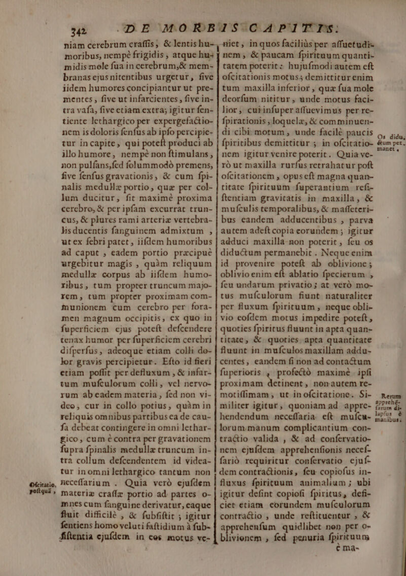 6: fcitatio, pofiquá , A moribus, nempé frigidis , atque hu- midis mole fua in cerebrum,&amp; mem- branas ejus nitentibus urgetur, five iidem humores concipiantur ut pre- mentes , five ut infarcientes , five in- tra vafa, five etiam extra; igitur fen- tiente lethargico per expergefactio- nem is doloris (enihs ab ipfo percipie- tur incapite, Qui fol produci ab illo humore, nempé non ftimulans , non pulfans,fed folummodó premens, five fenfus gravationis, &amp; cum fpi- nalis meduHz portio, quz per col- lum ducitur, fit maximé proxima cerebro, &amp; per ipfam excurrat trun- cus, &amp; plures rami arteriz vertebra- lisducentis fanguinem admixtum , ut ex febri patet , iifdem humoribus ad caput , eadem portio pracipue urgebitur magis , quàm reliquum medullz corpus ab iiflem humo- ribus, tum propter truncum majo- Iem, tum propter proximam com- fnunionem cum cerebro per fora- men magnum occipitis, cx quo in fuperficiem ejus poteft defcendere tenax humor per fuperficiem cerebri difperfus, adeoque etiam colli do- lor gravis percipietur. Efto id fieri etiam poffit per defluxum , &amp; infar- tum mufculorum colli, vcl nervo- rum ab cadem materia , fed non vi- dco, cur in collo potius, quàm in reliquis omnibus partibusca de cau- fa debeat contingere in omni lethar- £ico, cum écontra per gravationem fupra fpinalis medullz truncum in- tra collum defcendentem id videa- tur inomnilethargico tantum non neceffarium . Quia veró ejufdem materiz craffr portio ad. partes o- mnes cum fanguine derivatur, eaque fluit difficile , &amp; fubfiftit ; igitur fentiens homo veluti faftidium à fub- fifientia ejufdem in ces motus vec- nem, &amp; paucam fpirituum quanti- tatem poterit; hujufmodi autem cft ofcitationis motus; demittitur enim tum maxilla inferior , qua fua mole deorfum nititur, unde motus faci- lior ,, cui infuper affuevimus per re- fpirationis , loquela, &amp; comminuen- di cibi motum , unde facilé paucis fpiritibus demittitur ; in ofcitatio- nem igitur venire poterit. Quia ve- ró ut maxilla MA 2 e poft ofcitationem , opus eft magna quan- titate fpirituum fuperantium refi- ftentiam gravitatis in maxilla, &amp; mufculis temporalibus, &amp; maffeteri- bus eandem adducentibus , parva autem adeft copia eorundem ; igitur adduci maxilla-non poterit, feu os diductum permanebit . Neque enim id provenire poteft ab oblivione ; oblivio enim eie ablatio fpecierum , feu undarum privatio; at veró mo- tus mufculorum fiunt naturaliter per fluxum fpirituum , neque obli- vio eofdem motus impedire poteft , quoties fpiritus fluunt in apta quan- titate, &amp; quoties apta quantitate fluunt in mufculos maxillam addu- centes, eandem fi non ad contactum fuperioris , profectó maximé ipfi proximam detinent, nonautem re- motiffimam , ut inofcitatione. Si- militer igitur, quoniam ad appre- hendendum neceffaria. eft mufcu- lorum.manum complicantium con- tracio valida , &amp; ad confervatio- nem ejufdem apprehenfionis necef- farió requiritur confervatio cjuf- dem contra&amp;ionis, feu copiofus in- fluxus fpirituum animalium; ubi igitur defint copiofi fpiritus, defi- ciet etiam eorundem mufículorum contractio , unde re(tituentur , &amp; apprehenfum quidlibet non per o- blivienem , fed penuria fpiricuuns e ma- Os didu, étum per. manet , Rerum apprehé- farum di lapfus &amp;- manibus