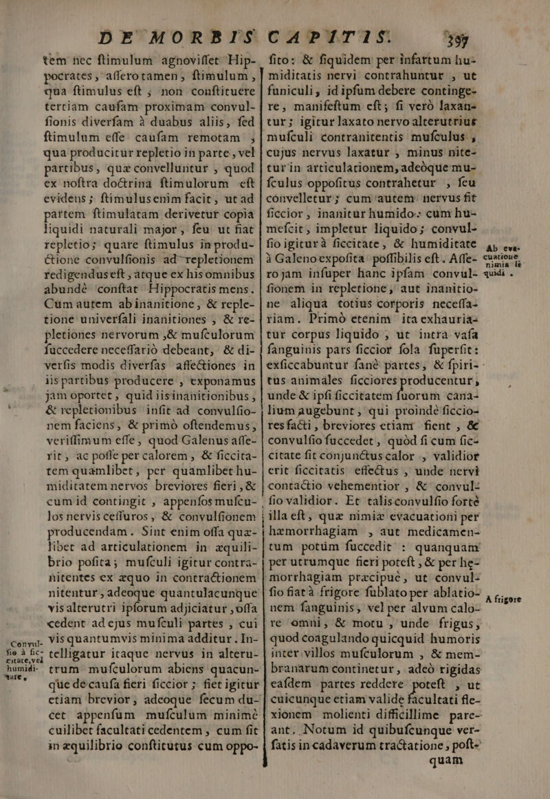 tem nec ftimulum agnoviffet Hip- pocrates , afferotamen; ftimulum, qua ftimulus eft ; non conftituere tertiam caufam proximam convul- fionis diverfam à duabus aliis, fed ftimulum effe caufam remotam ; qua producitur repletio in parte, vel partibus, quz convelluntur , quod ex noftra doctrina ftimulorum cft evidens ; ftimulusenimfacit, ut ad partem ftimulatam derivetur copia liquidi naturali major, ieu. ut fiat repletio; quare ftimulus inprodu- &amp;ione convulfionis ad repletionem redigenduseft , atque ex hisomnibus abundé conftat Hippocratis mens. Cum autem abinanitione, &amp; reple- tione univerfali inanitiones ; &amp; re- pletiones nervorum ,&amp; muículorum fuccedere neceffarió debeant, &amp; di- verfis modis diverfas affe&amp;iones in iis partibus producere , txponamus jam oportet , quid iisinanitionibus , &amp; repletionibus infit ad. convul(o- nem faciens, &amp; primó oftendemus, veriffimum effe; quod Galenus affe- rit, ac pofle per calorem , &amp; ficcita- tem quamlibet, per quamlibet hu- miditatem nervos breviores fieri, &amp; cum id contingit , appenfos mufcu- los nervisceffuros , &amp; convulfionem producendam. Sint enim offa quz- libet ad articulationem in zquili- brio pofita; mufculi igitur contra- nitentes ex zquo in contractionem vis alterutri ipforum adjiciatur ,offa «edent ad cjus mufculi partes , cui CAPITI1S 38) fito: &amp; fiquidem per infartum hu- miditatis nervi contrahuntur , ut funiculi, id ipfum debere continge- re, manifeftum cít; fi veró laxan- tur; igiturlaxato nervo alterutrius cujus nervus laxatur , minus nite- turin articulationem, adeóque mu- fículus oppofitus contrahetur , feu convelletur; cum autem. nervus fit ficcior , inanitur humido. cum hu- mefcit, impletur liquido; convul- fio igiturà ficcitate, &amp; humiditate à Galenoexpofita: poffibilis eft. Atfe- rojam infuper hanc ipfam convul- fionem in repletione, aut inanitio- ne aliqua totius corporis neceffa- riam. Primó etenim | ita exhauria- tur corpus liquido ; ut intra vafa fanguinis pars ficcior fola fuperfit: Ab eva. cuauone nimia lt quidi . tus animáles ficciores producentur , unde &amp; ipfi ficcitatem fuorum cana- lium augebunt ; qui proinde ficcio- convulfio fuccedet , quód fi cum fic- citate fit conjunctuscalor , validior erit ficcitatis effe&amp;tus , unde nervi contactio vehementior , &amp; convul- .fio validior. Et talisconvulfio forté ;illaeft, quz nimiz evacuationi per tum potüm fuccedit : quanquam per utrumque fieri poteft , &amp; per he- morthagiam pracipué, ut convul- fio fiatà frigore fublatoper ablatio- nem fanguinis, velper alvum calo- re omni, &amp; motu , unde frigus; À frigore visquantumvis minima additur . In- telligatur iraque nervus in alteru- trum. mufculorum abiens quacun- que decaufa fieri ficcior ; fiet igicur etiam brevior, adeoque fecum du- cet appenfum mufculum minime cuilibet facultati cedentem , cum fit in equilibrio conftitütus cum oppo- quod coagulando quicquid humoris inter.villos mufculorum , &amp; mem- branarum continetur , adeó rigidas eafdem partes reddere. poteft , ut cuicunque etiam valide Bicülcall fle- xionem molienti difficillime pare- ant. Notum id quibufcunque ver- fatis in cadaverum tractatione ; poft- quam Convul- fie à fic- ritace,vel humidi- 1t,