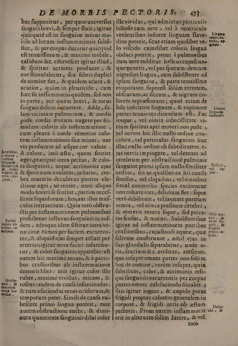 Anxietar, jactatio , crebra mutatio decubitus &amp; calor ingens in toto cor- pore. Faciei rubor vi- vidus, ac micans, Oculo- mm, temporü venz hu- fidos , bus fupponitur, perquosuniverfus fanguis brevi, &amp; femper fluit ; igitur quicquid eft in fanguine minus mo- bile ad locum inflammationis fubfi- ftet, &amp; per corpus ducecur quicquid eft cenuiffimum , &amp; maxime mobile , calidum &amp;c. effervefcet igicur illud , &amp; Ípiritus acriores producet ; &amp; corítimulabitur, feu febris duplici de nomine fiet ,, &amp; quidem acuta , &amp; acutior, quàm in pleuritide , cum hzc fit inflammatio quidem, fed non in parte, per quam brevi, &amp; totus fanguis debeat excurrere. Adde, fo- lam viciniam pulmonum , &amp; cordis poffe cordis motum augere per fti- mulum caloris ab inflammatione , cum pleura à corde remotior calo- rem inflammationis fux minus, aut vix perducere ad ufquecor valeat A calore, imó aftu, quem fentiet zger,precipuéintra pectus, &amp; calo- refanguinis, atque acrimonia ejus &amp; fpirituum anxietas, jaCtatio, cre- bra mutatio decubitus partim ele- &amp;ione zgri , uttentet, num aliquo modo levari fe fentiat , partim necef- fitateliquidorum , hos,aut illos muf- culos irritantium . Quia veró obftru- ille vividus , qui admixtus particulis biliofis cum aere.» vel à ventriculo venientibus inficere linguam flave- dine poterit, ficut etiam quolibet ve- lo viícido cujuslibet coloris lingua obduci poterit, prout à pulmonibus cum àere redditur halituscujufcune que'genetis , vel per fputum: demum nigrefcet lingua , cum fubfiftente ad ipfam fanguine, &amp; parte tenuiffima evaporante fupereft folàm terreum, obícurum;ac ficcum , &amp; nigrum co- lorem reprzfentans; quod etiam de bile inficiente linguam , &amp; expirante partestenuiores dicendum eít. Fac itaque, vel nimia inbecillitate. vi- rium fpiritus apté moveri non pofle ; vel nervos hic illic nullo ordine con- cidere , vel particulas fanguinis huc illuc nullo ordine ob fubtilitatem e- jus nervis impingere , vel detento ad cerebrum per obftructioné pulmonis fanguine premi ipfum nullo fimiliter ordine, ita ut qualibet ex his caufis feorfim ,, vel aliquibus ; vel omnibus fimul conjunctis fpecies excitentur non coharentes , delirium fiet : fopor veró debilitate , vellaxitate partium nimia , vel nimia prefsione cerebri , prohibetur influxus fanguinis in eof- dem , adeoque idem fiftitur intra ve- | i tiofenfus, &amp; motus. Subfiftentibus igitur ad inflammationem partibus tes, &amp; aliquid ejus femper affluit per arterias;igitur veuz faciei infarcien- autem hic maximé tenuis, &amp; à parti- detentisliber: erit igitur color ille ruber,maximé vividus, micans, &amp; rofeus : eadem de caufa iufarciendas , &amp; tum efaciendas venas oculorum,&amp; temporum patet. Simili de caufa ru- beícere primó lingua poterit ;; mox autem obftructione aucta, &amp; dimi- nutà quantitate fanguinis dilui color falivam conftituunt , nihil ejus in ris, faucium &amp;c.ariditas, arefcent- que infupet omnes partes non folüm hoc de nomine , verüm infuper, quia fubtilitas, calor, &amp; acrimonia reli- qui fanguinis excurrentis per corpus partesomnes calefaciendo ficcabic. ; fitisigitur ingens , &amp; cupido potus corpore, &amp; frigidi aeris ob. zftum Lingua maBorfa: vedo, nf gredo. Lentot linguam obduces Deli:it2,, vel 5e- por. Sitis max gna, &amp; aeris fri- gidi, &amp; frigidi potus cu pidc. Dolot£ ? erit in alterutro folüm latere, &amp; vel toto