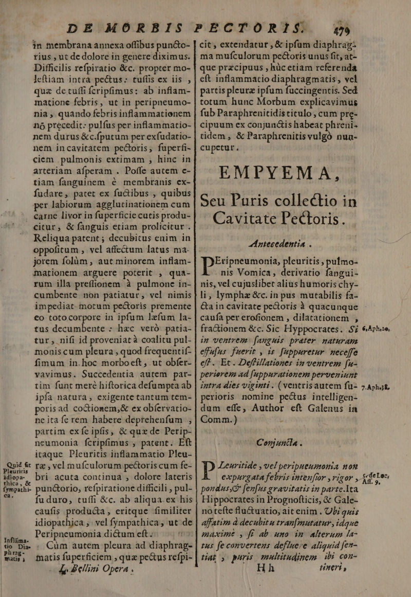 in membrana annexa offibus pun&amp;o- rius , ut de dolore in genere diximus. Difficilis refpiratio &amp;c. propter mo- Icftiam intra pectus: tuflis ex iis , quz detuffi fcripfimus: ab inflam- matione febris, ut in peripneumo- nia , quando febris inflammationem nó precedit: pulfus per inflammatio- nem durus &amp;c.fputum per exfudatio- nem incavitatem pectoris, fuperfi- ciem pulmonis extimam , hinc in arteriam afperam . Poffe autem c- tiam fanguinem &amp; membranis ex- fudare, patet ex fuctibus , quibus per labiorum agglutinationem cum carne livor in fuperficie cutis produ- uid ft P d idiopa- thica, &amp; Íympathi- ca. | Infláma- tio. Dia» phrag- maus i Reliqua patent ; decubitus enim in oppofitum , vel affe&amp;um latus ma- jorem folüm , aut minorem inflam- mationem arguere poterit , qua- rum illa preffionem à pulmone in- cumbente non patiatur, vel nimis impediat- motum pectoris premente €o totocorpore in ipfum lefum la- tus decumbente : hec veró patia- tur, nifi id proveniatà coalitu pul- monis cum pleura , quod frequentif- fimum in.hoc morboeft, ut obfer- vavimus. Succedentia autem pat- tim funt meré hiftorica defumpta ab ipfa natura, exigente tantum tem- porisad codiomem,&amp; ex obíervatio- ne ita fe rem habere deprehenfum partim exfeipfis, &amp; qux de Perip- neumonia fcripfimus , patent. Eft itaque Pleuritis inflammatio Pleu- rz , vel muículorum pectoris cum fe- bri acuta continua , dolore lateris punctorio, refpiratione difficili , pul- fuduro, tuffi &amp;c. ab aliqua.ex his caufis producta, eritque fimiliter idiopathica ;' vel fympathica, ut de Peripneumonia dictum eft. ra Cüm autem pleura ad diaphrag- 4, Bellini Opera . 179 cit , extendatur , &amp; ipfum diaphrag- ma mufculorum pe&amp;oris unus fit, at- que przcipuus , hüc etiam referenda eft inflammatio diaphragmatis, vcl partis pleurz ipfum fuccingentis. Sed totum hunc Morbum explicavimus fub Paraphrenitidis ticulo , cum pre- cipuum ex conjun&amp;is habeat phreni- tidem , &amp; Paraphrenitis vulgó nua- cupetur. EMPYEMA, Seu Puris collectio in Cavitate Pectoris. A5 ntecedentia . D pneumonia, pleuritis ; pufmo- nis Vomica, derivatio fangui- nis, vel cujuslibet alius humoris chy- li, lymphz &amp;c. in pus mutabilis fa- &amp;a in cavitate pectoris à quacunque caufa per erofionem , dilatationem , fractionem &amp;c. Sic Hyppocrates. 57 im ventrem: [anguis prater naturam effufus fuerit , is [uppuretur. neceffe ef? . Ec. Deffillationes in ventrem fu- perierem ad [uppurationem perveniunt intra dies viginti . (ventrisautem fu- perioris nomine pecus intelligen- dum effe, Author eft Galenus in Comm.) Coniuncda . JLeuritide , vel peripueumomia non | expaurgata febris intenfior ,rigor y pondus fenfus gravitatis in parte.1ta Hippocrates in Prognofticis, &amp; Gale- no tefte flu&amp;uatio, ait enim . ULi quis affatim à deculbitu tran[mutatur, idque maxime , fr ab uno im alterum la- tus fe convertens defuere aliquid fen- tia y puris multitudinem ibi con- Hh tinent 6, AÀphi 26, 27.À»h;3$, .$«delLoc, Aff. 9,