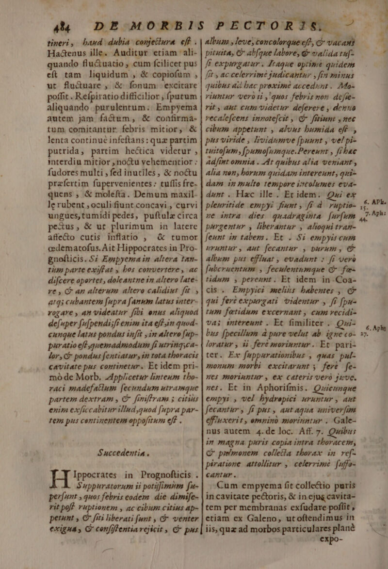 tineri ,. baud dubia. conjeitura. eff . Hadenus ille. Auditur etiam ali- quando flu&amp;uatio , cum fcilicet pus eít tam liquidum , &amp; copiofum , ut flu&amp;uare , &amp; fonum excitare poffit . Refpiratio difficilior , fputum aliquando. purulentum:. Empyema autem jam facum, &amp; confirma- tum comitantur febris mitior, &amp; lenta continué infeftans: quz partim putrida, partim hectica videtur , interdiu mitior , no&amp;u vehementior : fudores multi , fed inutiles, &amp; noctu przfertim fupervenientes : tuffis fre- quens , &amp; molefta. Demum maxil- le rubent , oculi fiunt concavi , curvi ungues,tumidi pedes, puftulz circa pexus, &amp; ur plurimum in latere afle&amp;to cutis inflatio , &amp; tumor cedematofus. Ait Hippocrates in Pro- gnofticis. $7 Epspyema in. altera tan- tm parte exiffat , bos convertere, ac difcere opertet, doleantne in altero late- re , C ap alterum altero calidius fit. , atqi cubantem fupra fanum latus inter- rogare , An videatur fibi emus aliquod defuper fu[pendi;ff emim ita eff um quod- puratio eff quemadmodum fi utringyca- lor, f pondus fentiatur, in tota thoracis cavitate pus continetur. Et idem pri- mó de Morb. -4pp/icetur linteum tbo- raci madefatlum [ecundum utramque partem dextram , &amp; fimiffram 5 citius enim exficcabitur illndquod [upra par- tem pus centinentem oppofttum eff . Succedentia . Ippocrates in Prognofticis . S'uppuratorum ii potiffimsm fu- perfunt , quos febris eodem. die dimife- rit poff ruptionem , ac cibum citius ap- petunt , &amp; fiti liberati funt , C venter exiguas G' confffentiarejicit , C pus -— Album , leve, concolorque eff, cj vica) pituita, G ab(aue labore, &amp;» valida tu[- [i expurgatur. Jtaque optime quidem ftt , ac celerrime judicantur , ftn minus quibus ad bec proxime accedunt. Mo- riuntur vero ui ,'quos febris mon. dcfie- rit , aut cum videtur. de[erere , denuo recalefcens inpote[cit , (f fitium: , nec cibum appetunt , aluut bumida efe, pus viride , lividumrve (punnt , vel pi- tuito[um , (pumo[umdque.Pereunt , fi bae adfint omnia . At quibus alia veniant , alia nen, borum quidam intereunt, qui- dam in multo tempore i?columes eva- dunt . Hzc ille. Et idem. Ox ex pleuritide empyi fremt, ff d. ruptie- purgentur y, liberantur , alioqui tram- feunt in tabem. Ec . Si empyis eum uruntur, aut fecantur , burum, € album pus effuat , evadunt : fi vero [nbcruentum , feculentumque (9 fa- tidum , pereznt. Et idem in-.Coa- cis . Empyici meli: babemtes , c qui feré expurgati. videntur , ffi fpu- tum fetidum excernant , cum vecidi- va; sntereunt . Et fimiliter . Qui- loratur , ii. fere porinztur .. Et. pari- ter. Ex inre » quas pul- monum morbi excitarunt y. fere | fe- ues moriuntur, ex cateris veró jvc. es. Et in Aphoriímis. Quicunque empyi , vel hydrepici uruntur, aut fecantur , ff pus , aut aqua univerfim efip xerit, omnino moriuntur . Gale- nus autem. 4.de loc. Aff. 7. Quibus in magna puris copia intra thoracem, Q* prmonem colletla thorax im re[- piratione attollitur ,| celerrime fuffs- cantur . Cum empyema fit colle&amp;io puris in cavitate pectoris, &amp; in ejus cavita- tem per membranas exfudare poflit , etiam ex Galeno, utoftendimus in iis, quz ad morbos particulares plané expo- -—T 6, Aphy