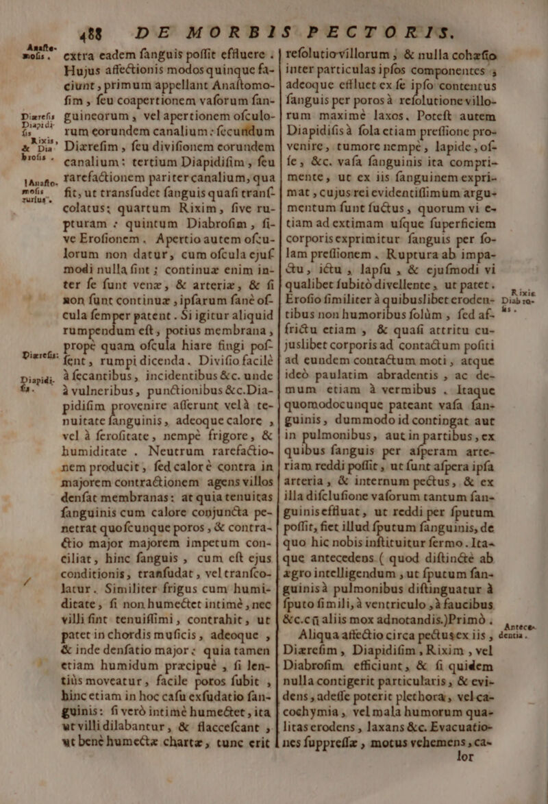 Anafte- mofis € Disrefis Diapidi A( Rixis, * Dia brofis . mofis rur[us L] D apidi-  498 cxtra eadem fanguis poffit efüluere . Hujus affectionis modosquinque fa- ciunt , primum appellant Anaftomo- fim , feu coapertionem vaforum fan- guinearum , vel apertionem ofculo- rum eorundem canalium: fecurdum Dizrefim , fcu divifionem corundem canalium: tertium Diapidifim , feu rarefactionem paritercanalium, qua fit, ut transfudet fanguis quafi tran(- colatus; quartum Rixim, five ru- puram : quintum Diabrofim, fi- vc Erofionem. Apertio autem ofzu- lorum non datur, cum ofcula cjuf modi nulla fint ; continuz enim in- ter fe funt venz, &amp; arteriz, &amp; fi non funt continuz , ipfarum fané of- cula femper patent . Si igitur aliquid rumpendum eft, potius membrana , propé quam ofcula hiare fingi pof- Ííent , rumpi dicenda. Divifio facile àfecantibus, incidentibus &amp;c. unde à vulneribus, punctionibus &amp;c.Dia- pidifíim provenire afferunt velà te- nuitate ce i adeoque calore , vel à ferofitate, nempé frigore, &amp; humiditate . Neutrum rarcfa&amp;io- nem producit, fed caloré contra in majorem contra&amp;ionem agens villos denfat membranas: at quia tenuitas fanguinis cum calore conjuncta pe- netrat quofcunque poros , &amp; contra- €&amp;io major majorem impetum con- ciliat, hinc fanguis , cum cft ejus conditionis, tranfudat , vel cranfco- lacur. Similiter frigus cum humi- ditate, fi non humectet intimé , nec villi fint. tenuiffimi, contrahit, ut patet in chordis muficis, adeoque , &amp; inde denfatio major; quia tamen etiam humidum pracipué , fi len- tiüs moveatur, facile poros fubit , hinc etiam in hoc cafu exfudatio fan- guinis: fi veró intimé hume&amp;et , ita wtvillidilabantur, &amp; flaccefcant , wt bené hume&amp;a chartz , cunc erit refolutiovillarum ; &amp; nulla cohzfo inter particulas ipfos componentes - adeoque cfiluet ex fe ipfo contentus fanguis per porosà refolutione villo- rum maxime laxos. Potcfít autem Diapidifisà fola ctiam preffione pro- venire, tumore nempe , lapide , of- Íe, &amp;c. vafa fanguinis ita compri- mente, ut ex iis fanguinem expri- mat ; cujus rei cvidentiffimüm argu- mentum funt fu&amp;tus, quorum vi e- tiam ad extimam uíque fuperficiem corporisexprimitur fanguis per fo- lam preffionem . Ruptura ab impa- &amp;u, icu , lapfu , &amp; ejufmodi vi qualibet fubitó divellente , ut patet . Erofio fimiliter à quibuslibet eroden- tibus non humoribus folàm , fed af- Íri&amp;u etiam , &amp; quafi attritu cu- juslibet corporis ad conta&amp;um pofiti ad eundem contactum moti , atque ideó paulatim abradentis , ac de- mum ctiam à vermibus . ltaquce quomodocunque pateant vafa e guinis, dummodo id contingat aut in pulmonibus, autin partibus, ex quibus fanguis per 7 ab arte- riam reddi poffit , ut funt afpera ipfa arteria , &amp; internum pectus, &amp; ex illa difclufione vaforum tantum fan- guiniscfluat, ut reddi per fputum poffit, fiet illud fputum fanguinis, de quo hic nobis inftituitur fermo. Ita« que antecedens ( quod diftin&amp;e ab zgro intelligendum , ut fputum fan- guinisà pulmonibus diftinguatur à fputo fimili,à ventriculo à faucibus &amp;c.cü aliis mox adnotandis.)Primó . Aliqua atfe&amp;io circa pe&amp;usex iis , Dizrefim , Diapidifim , Rixim , vel Diabrofim efficiunt, &amp; íi quidem nulla contigerit particularis , &amp; evi- dens , adeffe poterit plethora , vel.ca- cochymia ,. vel mala humorum qua- litaserodens , laxans &amp;c. Evacuatio- ncs fuppreffz , motus igtu. or Anteéce^ dentia