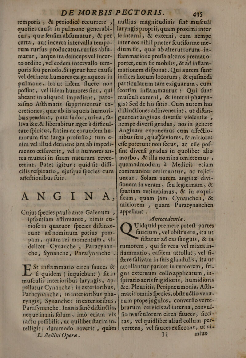 téfhporis , &amp; periodicé recurrere , quoties caufa in pulmone generabi- tur, quz fenfim abfumatur, &amp; per certa , aut incerta intervalla tempo- rum rurfus producatur,rurfus abfu- matur, atque ita deinceps vel incer- to ordine , vel eodem intervallo tem- poris feu periedo.Si igitur hzc caufa vel detineat humores ex.gr.aqueos in pulmone, itaut iidem fluere non poffint, vel iidem humores fint , qui abeant in aliquod impediens, paro- xifmo Aíthmatis fupprimentur ex- cretiones , quz ab iis aqueis humori- buspendent, puta fudor , urina , fa- liva &amp;c.&amp; liberabitur eger à difficul- tate fpiritus, ftatim ac eorundem hu- morum fiat larga profufio; tum e- nim vel illud detinens jam ab impedi- mento ceffaverit, velii humotes an- tea mutatiin fuam naturam .rever- terint. Patet igitur; quid (it diffi- cilis refpiratio , ejufque fpecies cum affe&amp;ionibus fuis. A.N4G. 1 N- Àj Cujus fpecies pauló ante Galenum , riofein quatuor fpecies diftinxe- runt adnominum potius pom- pam, quamrei momentum, vi- delicet Cynanche , Paracynan- che, Synanche, Parafynanche . St inflammatio circa fauces &amp; (i quidem ( inquiebant ) fitin mufculis interioribus laryngis, ap- pellacur Cynanche: inexterioribus, ryngis, Synanche: inexteriori L. Bellini Opera . nullius magnitudinis fint mufculi. feinterni, &amp; externi, cum nempe inter eos nihil preter fcutiforme me- mationem difponat . Qui autem funt Anginam exponemus cum affe&amp;io- morbo, &amp; illa nomina omittemus , b1 untur. Solam autem anginz divi- fionem in veram , feulegitimam , &amp; fpariam retinebimus, &amp; in exqui- fitam, quam jam Cynanchen,: &amp; mitiorem , quam Paracynanchen appellant . Antecedeztia. à Uidquid premere poteft partes faucium , vel obftruere , ita ut fiftatur ad casfanguis , &amp; in tumorem , qui fit vera vel mixta in- flammatio , eafdem attollat , vel fi- ftere falivam in fuis glandulis, ita ut attollantur pariter in tumorem , fri. gus externum colloapplicatum , in- fpiratio aeris frigidioris , humidioris &amp;c. Pleuritis, Peripneumonia, Afth- matis omnis fpecies, obftru&amp;io vena- rum prope jugulos, converfio vettce- brarum cervicisad interna , convul- fio mufculorum circa fauces, ficci- tas, velquidlibet aliud collum pet- Ii mius