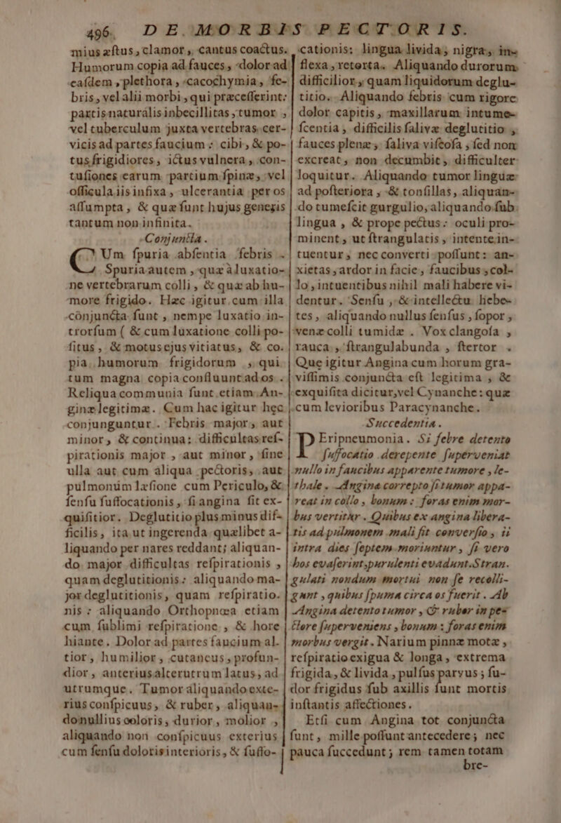 mius zftus , clamor ,, cantus coactus. caídem ,plethora , «cacochymia , 'fe- bris, velalii morbi , qui precefferint: paxcisnacurálisinbecillitas tumor ; vel cuberculum juxta vertebras.cer- vicisad partes faucium : cibi, &amp; po- tusfrigidiores, ictus vulnera ,.con- tufiones carum partium fpinz; vel officulaiisinfixa, ulcerantia peros affumpta , &amp; quz funt hujus genesis tantum non infinita. -Conjunila . € Um fpuria .abfentia. febris . .Spuriaautem , quz àluxatio- ne vertebrarum colli, &amp; qua ab hu- more frigido. Hac igitur.cum illa cónjuncta. funt , nempe luxatio in- trorfum ( &amp; cum luxatione colli po- fitus, &amp; motuscjusvitiatus, &amp; co. pia. humorum. frigidorum ., qui tum magna. copiaconfluuntados . Reliqua communia funt.etiam.An- conjunguntur . Febris major, aut fenfu fuffocationis , fi angina fit ex- ficilis, ita. ut ingerenda quzlibet a- liquando per nares reddant; aliquan- do. major difficultas refpirationis , quam deglutitionis: aliquando ma- jer deglutitionis, quam refpiratio. nis ; aliquando Orthopnea etiam cum. fublimi refpiratione., &amp; hore hiante. Dolor ad partes faucium al. tior, humilior , cutancus , profun- dior , anteriusalcerutrum latus; ad utrumque. Tumor aliquandoexte- donullius oeloris , durior, molior ., aliquando non confpicuus exterius flexa ,reterta. Aliquando durorum: difficilior. quam liquidorum deglu- titio. Aliquando febris. cum rigore dolor capitis , -maxillarum intume- fcentia , difficilis faliva deglutitio fauces plenz ;. faliva vifcofa , fed nom excreat , non decumbit ,. difficulter loquitur. Aliquando tumor linguz: ad pofteriora , -&amp; toníillas, aliquan- lingua , &amp; prope pectus; oculi pro- minent , ut ftrangulatis , intente.in- tuentur, necconverti poffunt: an- xietas ; ardor in facie, faucibus ;col- lo,intuentibus nihil mali habere vi- dentur. Senfu ,-&amp; intellectu. liebe- tes, aliquando nullus fenfus , fopor , rauca. , ftrangulabunda , ftertor.. Que igitur Angina cum horum gra- viffimis conjuncta eft legitima , &amp; Succedentia . Dp Eripneumonia. 5; febre detezto fffocatio derepente fuperveniat thale . dngina correpto [ft umor appa- reat in collo , onum : foras enim mar- bus vertitr . Quibus ex angina libera- intra dies feptem-morinntur , fi vero bos eva[erint .purulenti evadunt.Stran. &amp;ulati nondum mortui non fe recolii- gunt , quibus [puma circa os fuerit . Ab Angina detento tumor , C ruber in pes Here f(uperveniens , bonum : foras enim morbus vergit. Narium pinnz motz , rcfpiratioexigua &amp; longa, extrema frigida, &amp; livida , pulfus pum ; fu- dor frigidus fub axillis funt mortis inftantis affe&amp;iones. Etfí cum Angina tot conjuncta funt, mille poffuntantecedere; nec pauca fuccedunt ; rem. tamen n re-