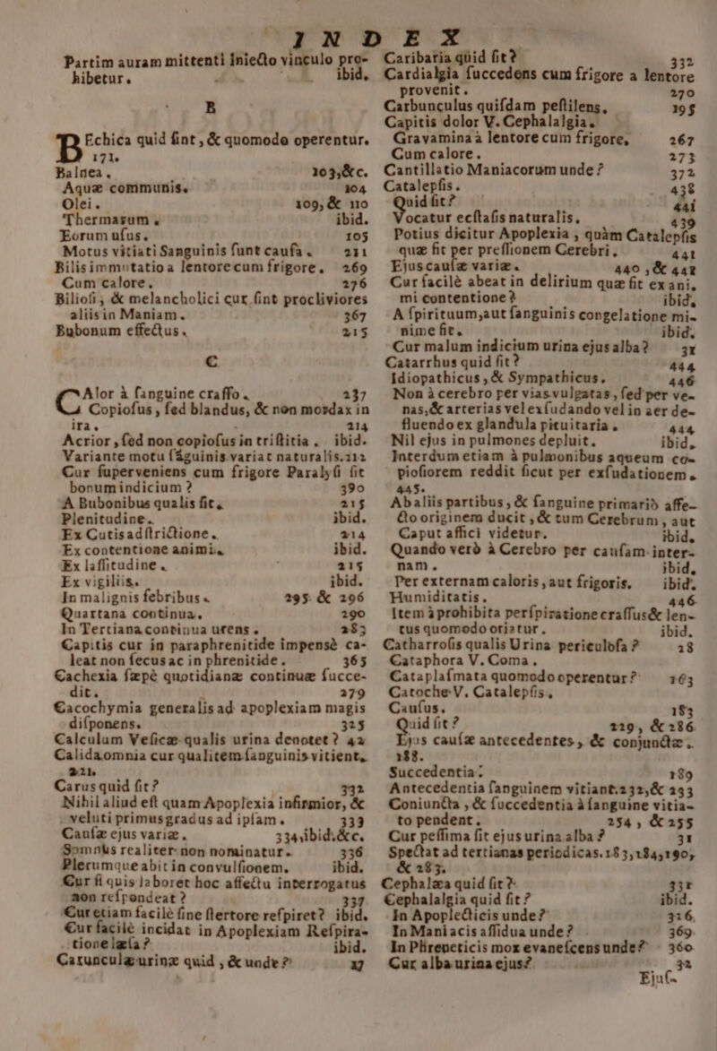 Partim auram mittenti inieQo vinculo pr hibetur. , p id. B qo quid fint , &amp; quomodo operentur. 171. Balnea , 103,&amp;c. Aquz communis, 104 Olei. 109, &amp; 10 Thermasum , ibid. Eorum ufus. . 105 Motus vitiatiSanguinisfuntcaufa. — 211 Bilisimmutatioa lentorecumfrigore. 269 Cum calore, 126 Biliofi, &amp; melancholici cur (int procliviores aliisin Maniam. 367 Bubonum effe&amp;tus . 213 Cc cue à fanguine craffo . 237 Copiofus , fed blandus, &amp; non mosdax in ira. 214 Acrior , fed non copiofus in triflitia, ibid. Variante motu f&amp;guinis.variat naturalis.212 Cur fuperveniens cum frigore Paraly(i (it bonumindicium ? 390 A Bubonibus qualis fit, 215 Plenitudine.. ibid. Ex CutisadflriQione. 214 Ex contentione animi. ibid Ex laffitudine . 215 Ex vigiliis. ibid. In malignis febribus - 295. &amp; 296 Quartana cootinua, 290 In Tertiana continua ufrens . 285 Capitis cur in paraphrenitide impensà ca- leat non fecusac in phrenitide. 365 Cachexia fapé quotidianz continua fucce- dit. x 279 €acochymia generalis ad. apoplexiam magis di(ponens. 315 Calculum Veficz-qualis urina denotet? 42 Calidaomnia cur qualitem fanguinis vitient, 21L Carus quid fit? 332 Nihil aliud eft quam Apoplexia infirmior, &amp; . veluti primusgradus ad ipfam. 333 Cauíz ejus vari. 334ilbid.&amp;c. S»mnüs realiter non nominatur. 336 Plerumqueabit in convulfionem. ibid. Cur íi quis Ja boret hoc affectu interrogatus non refrondeat ? 337 €ur etiam facilé (ine flertore refpiret? ibid. €ur facilé incidat in Apoplexiam Refpira- tione ge(a ? ibid. Catunculg-urinz quid , &amp; uade ? Pv] E Caribaria quid fit? 332 Cardialgia fuccedens cum frigore a lentore provenit. 270 Carbunculus quifdam peflilens, d $ Capitis dolor V. Cephalalgia. Gravamina à lentore cum frigore, 267 Cum calore. 273 Cantillstio Maniacorum unde ? 372 Catalepfis . 438 uid fit ? 441 ocatur ecítafis naturalis, 439 Potius dicitur Apoplexia , quàm Catalepfis quz fit per preffionem Gerebri , 441 Ejuscauíz variz. 440 ,&amp; 441 Car facilé abeat in delirium quz fit ex ani, mi contentione ? ibid, A fpirituum;aut fanguinis congelatione mi- nime fit. | jbid, Cur malum indicium urina ejusalba? —— jr Caszarrhus quid fit 444 [diopathicus , &amp; Sympathicus. 446 Non à cerebro per viasvulgatas , fed per ve- nas,&amp; arterias vel exfudando velip aer de- fluendo ex glandula pituitaria . 444, Nil ejus in pulmones depluit. ibid. Interdum etiam à pulmonibus aqueum co- piofiorem reddit ficut per exfudationem., 445. Abaliis partibus , &amp; fanguine primari? affe- Qo originem ducit , &amp; tum Cerebrum , aut Caput affici videtur. ibid. Quando verà à Cerebro per caufam inter- nam. 1 ibid, Perexternamcaloris,autírigoris. ^ ibid. Humiditatis. 446 ]tem à prohibita perípirationecraffus&amp; len- tus quomodo ori»tur , ibid. Catharrofis qualis Urina periculofa ? 18 Cataphora V. Coma, Cataplafmata quomodooperentur? —— 163 Catoche V, Catalep(s., Caufus. 183 cu it? 219, &amp; 386 72s cauíz antecedentes, &amp; copjundlz.. 1$8 Succedentia ; 189 Antecedentia fanguinem vitiant.232,&amp; 243 ConiunCta , &amp; fuccedentia à fanguine vitia- to pendent. 254 , &amp; 355 Cur peffima fit ejus urina alba ? 31 Spectat ad tertianas periodicas.183,124,190; &amp; 2$5. Cephalza quid (it ?- 35r ^C yvm quid fit ? ibid. In Apople&amp;ticis unde ? 316, In Maniacisaffiduaunde? . 369. In Plireneticis mox evaneícensunde? . 36o Car alba urina cjus? is ;» 32 jut.