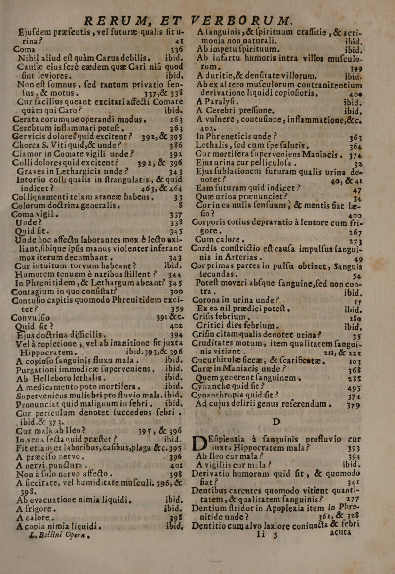 Ejufdem przfentis , vel future qualis fit u- rina? asi Coma 336 Nihil aliud eff quàm Carusdebilis. ^ ibid. Caufz eiusferé ezdem qua Cari ni(i quod - fint leviores. - ibid. Nonefít fomnus , fed tantum privatio fen- íus , &amp; motus. 337,&amp; 338 Cur facilius queant excitari affecti Comate quàm qui Caro ?  ibid. Cerata eorumque operandi modus. 163 Cerebrum inflummari poteft , 363 Gervicis dolore$quid excitent? 392, &amp; 395 Chorea S. Vitiquid,&amp; unde? * 386 Clamor in Comate vigili unde ? 392 Colli dolores quid excitent? 392, &amp; 396 Graves in Lethargicis unde? 343 Intor(íio colli qualis in flrangulatis, &amp; quid indicet ? 463; &amp; 464 Colliquamenti telam aranez habens, 33 Colorum dodrina generalis, 8 Coma vigil. 337 Unde? 339 Unde hoc affectu laborantes mox &amp; lecto exi- . liant;fibique ipfis manus violenter inferant mox iterum decumbant . 343 Cur intuitum torvum habeant? ibid. Haumorem tenuem é naribusftillent ? . 344 In Phrenitidem , &amp; Lethargum abeant? 345 Contagium in quo con(iftat? 300 Gontufio capitis quomodo Phrenitidem exci- tet? 359 Convulfio 391 &amp;c. Quid fic? , 402 Ejus do&amp;trina difficilis. ..394 Velàrepletione 5, vel ab inanitione fit juxta Hippocratem. jbid.393,;&amp; 396 A copiofo fanguinis fluxu mala . ibid. Purgationi immodica fuperveniens, .ibid. Ab Helleboro lethalis . ibid. A medicamento poto mortifera , ibid. Soperveniens muliebri pro fluvio mala. ibid. Pronunciat quid malignum in febri. ^ ibid. Cur periculum denotet íuccedens febri . ,Abid.&amp; 373. Cur mala ab Heo? 395, &amp; 396 In vena fecta auid praftet ? |. s Ujbid. Fitetiai ex laboribus; cafibus;plaga &amp;c.395 - A przcifo nervo. ..396 A nervi. punQtura . AOI Non à folo nervo affecto. . 398 A ficcitate, vel humiditate mufculi. 396, &amp; 398. , € - Ab evacuatione nimia liquidi , ibid. A frigore. ibid. A calore. 39$ Acopia nimialiquidi. —. ibid, 4L, B:llini Opern, A fanguinis ;&amp; fpirituum ctaffitie , &amp; acri- monia non naturali. ibid. Ab impetu fpirituum. ibid. Ab infartu humoris intra villos mufculo- - rum. ' 399 A duritie, &amp; denf(itate villorum. ibid. Abexaltero muículorum contranitentium derivatione liquidi copiofioris, 40€ A Paralyfi. ibid. A Cerebri preffione, ibid, A vulnere , contufione ; inflammatione,&amp;c. 402. In Phreneticis unde ? 363 Lethalis , fed cum fpe falutis, 164. Cur mortifera fuperveniens Maniacis, 374 Ejus urina cur pelliculofa . 35 Ejus 73 asini futuram qualis urina de« notet t Eam futuram quid indicet ? T p^. Quz urina prenunciet? à 34 Curinea nulla fenfuunr; &amp; mentis fiat 1z- fio? 400 Gorporistotius depravatio à lentore cum fri« gore, 267 Cum calore. 273 Cordis conítridio eftcaufa impulíus fangui- nis in AÁrterias. &amp;9 Cor primas partes in pul(u obtinet, Sanguis fecundas. 54 Poteít moveri abfque fanguine,fed non con- tra. ibid. Coronain urina unde? . 17 Ex ea nil przdici poteft , ibid. Gri(isfebrium., 180 Critici dies febrium. ibid. Crifin citam:qualis denotet urina ? 35 Cruditates motum; item qualitatem fangui- nis vitiant . 21], &amp; 22x Cucurbitulz ficcz , &amp; fcarificatz, 103 Cure in Maniacis unde ? 368 L oap geverent fanguinem. 288 yuanche quid fit ? 495 Cynapthropia quid fit ? 374 Ad cujusdeliriigenus referendum , — 379. . D [seen à fanguinis profluvio cur iuxta Hippocratem mala ? 393 Ab Ileo cur mala ? 394 A vigiliis cur mzla ? ibid. Derivatio humoram quid fic , &amp; quomodo fiat? 341 Dentibus carentes quomodo vitient quanti- tatem , € qualitatem fanguinis? 277 Dentium (ftridor in Apoplexia item in Pbre- nitide unde? 361, &amp; 3:8 li 5 acuta