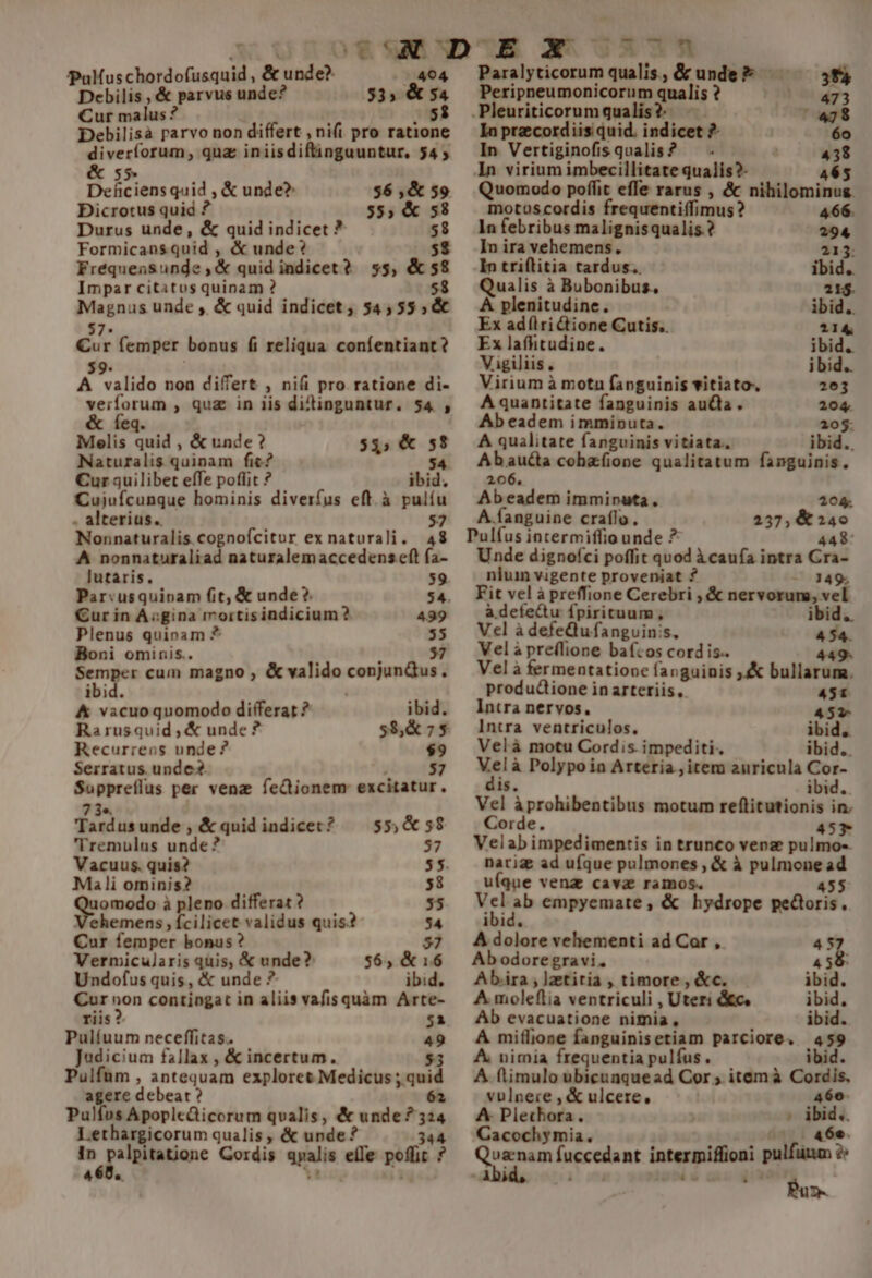 Debilis , &amp; parvus unde? 53, &amp; 54 Cur malus: ? 53 Debilisà parvo non differt , ni(i pro ratione Juss quz iniisdiflinguuntur, 54; &amp; s Debeiens quid , &amp; unde? $6 ,&amp; 59 Dicrotus quid ? 55; &amp; 58 Durus unde, &amp; quid indicet * 58 Formicansanid , &amp; unde? 5$ Frequensunde X quid indicet ? 5$, &amp; 58 Impar cititus quinam ? 58 Magnus unde , &amp; quid indicet, 54555, &amp; 57. Cur femper bonus fi reliqua coníentiant? 59. | A valido non differt , ni(i pro ratione di- veiforum , quz in iis di/linguntur. 54 , eq. Melis quid , &amp; unde? 53» &amp; 5$ Naturalis quinam fic? 54. Cur quilibet effe poflit ? ibid. Cujufcunque hominis diverfus eft. à T . alterius. Nonnaturalis cognofcitur ex naturali. 23 A nonnaturaliad naturalemaccedens eft fa- lutáris. 59 Par«usquinam (it, &amp; unde? 54. €ur in A;gina rroitis indicium ? 439 Plenus quinam * 55 Boni ominis. 57 Semper cum magno , &amp; valido conjunQus. ibid. &amp; vacuo quomodo differat ? ibid Rarusquid ;,&amp; unde ? 5$,&amp; 75 Recurreos unde? $9 Serratus. unde. 57 Darin per venz fedionem excitatur. dardus unde, &amp;quidindicet? — 55,&amp;58 ''remulus unde? 57 Vacuus. quis? 55. Mali ominis? 58 Qeomodni à pleno differat ? $5 hemens , fcilicet validus quis? $54 Cur femper bonus ? 57 Vermicularis quis, &amp; unde? $6, &amp; 16 Undofus quis, &amp; unde ? ibid. Cur non contingat in aliis vafisquàm Arte- riis? 51 Puliuum neceffitas.. » Judicium fallax , &amp; incertum. Pulfum , antequam exploret Medicus ; M agere debeat? Pulfos Apopledicorum qvalis ; &amp; unde? 324 Lethargicorum qualis , &amp; unde? 34 4 y) €. ndi Gordis apalis e(le pofl: 7 490. ^44 Peripneumonicorum qualis : 473 .Pleuriticorum qua 4278 In przcordiis quid. indies ü 60 In Vertiginofisqualis? — . 4358 In virium imbecillitate qualis?- T1; Quomodo poffit effe rarus , &amp; nihilominus. motoscordis frequentiffi mus? 466. In febribus malignisqualis.? 294 In ira vehemens. 213: In triflitia tardus. ibid. Qualis à Bubonibus. 21$. A plenitudine. ibid. Ex adflrictione Cutis.. 114 Ex laffitudine. ibid. Vigiliis, ibid. Virium à mota fanguinis vitiato, 263 A quantitate fanguinis aucta . 204. Ab eadem imminuta. 205. A qualitate fanguinis vitiata., ibid. Abaucta cohafione qualitatum fanguinis. 206. Ab eadem imminuta, 104. A.fanguine craflo. 237; &amp; 240 Pulfus intermiffio unde * 448: Unde dignofci poffit dod àcaufa intra e nium vigente proveniat ? Fit vel à preffione Cerebri ; &amp; nervorum, M àdefectu fpirituum, ibid, Vel à defeQufanguinis, 454. Vela preflione baf:os cordis. 449. Vel à fermentatiooe fanguinis ;&amp; bullarum. produdione in arteriis, 451 Intra nervos, 456 Intra ventriculos. ibid, Velà motu Cordis. impediti. ibid.. b. à Polypoia Arteria , item auricula m 1bD1d., Vel iprohibentibus motum reflitutionis in Corde. 453 Velabimpedimentis in trunco venz pulmo-. nariz ad ufque pulmones , &amp; à pulmone ad uíque venz cava im 455 V teh empyemate , &amp; bhydrope pecori. ibid. A dolore vehementi ad Cor ,. 457 Abodoregravi. 458: Ab.ira , ]zetitia , timore , &amp;c. ibid. A. moleflia ventriculi , Uteri &amp;c. ibid, Ab evacuatione nimia : ibid. A mifliose fanguinisetiam parciore. 25? A nimia frequentia pulfus. A. flimulo ubicunque ad Cor ; item à cori. vulnere , &amp; ulcere, A Plethofa . - ihi. Cacochymia. Seetenua fuccedant intezgifüoni d. uu UR