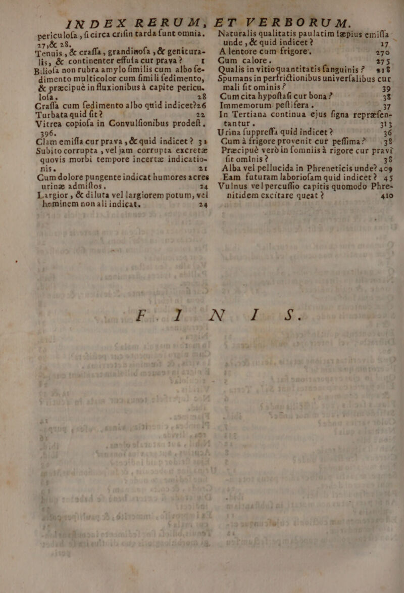 &amp; periculo(a , (i circa crifin tarda funt omnia. 27,&amp; 28. : Tennis , &amp; craffa , grandimofa , &amp; genicura- lis, &amp; continenter effuía cur prava? I Biliofa non rubra amylo fimilis cum albo fe- dimento multicolor cum fimili f(edimento, &amp; przcipué in fluxionibusà capite pericu. xA 28 Craífa cum pigfiem albo quid indicet?26 'Turbata quid fit? 22 Vitrea copiofa in Convulfionibus prodell. 396. Clam emiffa cur prava , &amp; quid indicet? 31 Subito corrupta , vel jam corrupta excreta quovis morbi tempore incerta indicatio- nis. 21 Cum dolore pungente indicat humores acres urinze admiftos, 24 hominem non ali indicat. 24 Naturalis qualitatis paulatim faepius emi(fa- unde , &amp; quid indicet? .  17 A lentore cam frigore. 470 Cum calore. - 275 Qualis in vitio quantitatis fanguinis ? «1$ Spumans in perfri&amp;tionibus univer(alibus cur mali fit ominis ? 39 Cum cita hypoftafi cur bona ? 3$ Immemorum. peltifera . 03 Ian Tertiana continua ejus figna reprafen- tantur. 313 Urina fuppreffa quid indicet? 36 Cum à frigore provenit cur peffima? 32 Precipué vero in fomniisà rigore cur pravi (it ominis ? 38 Alba vel pellucida in Phreneticis unde? 409 Eam futuram laboriofam quid indicet? 45 Vulnus vel percuffio capitis quomodo Phre-