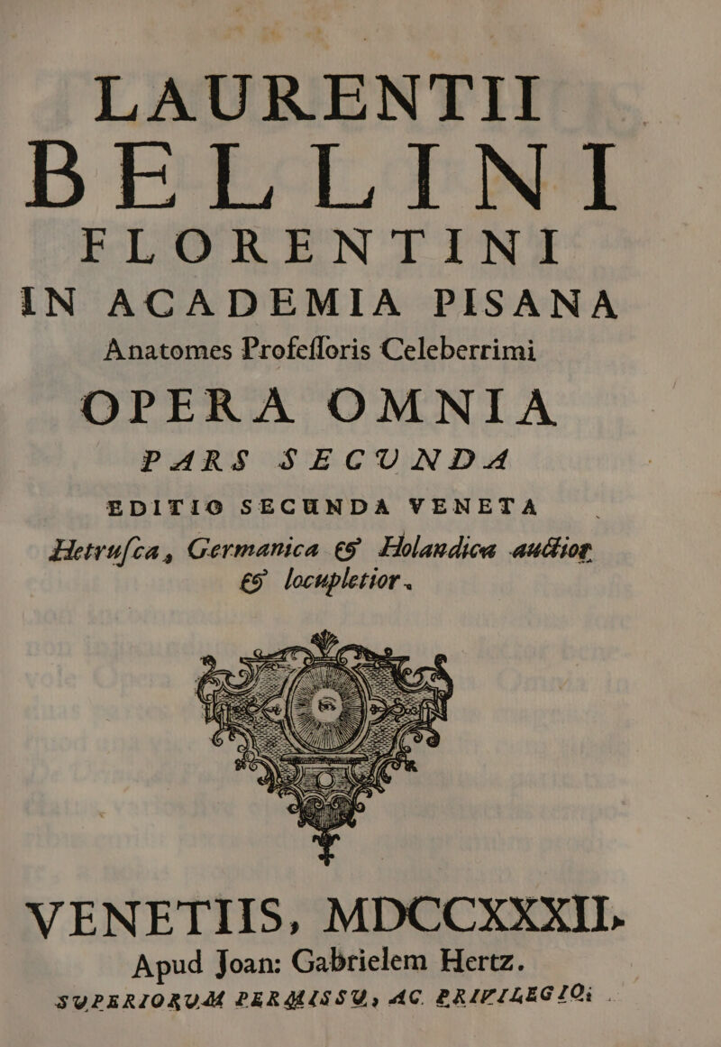 LAURENTII DBELLINTI FLORENTINI IN ACADEMIA PISANA Anatomes Profefloris Celeberrimi OPERA OMNIA PARS SECUN D.4 VENETIIS, MDCCXXXII. Apud Joan: Gabrielem Hertz. SUPERIORUMM PERAMASSU, AC BRIFILEGIO: .