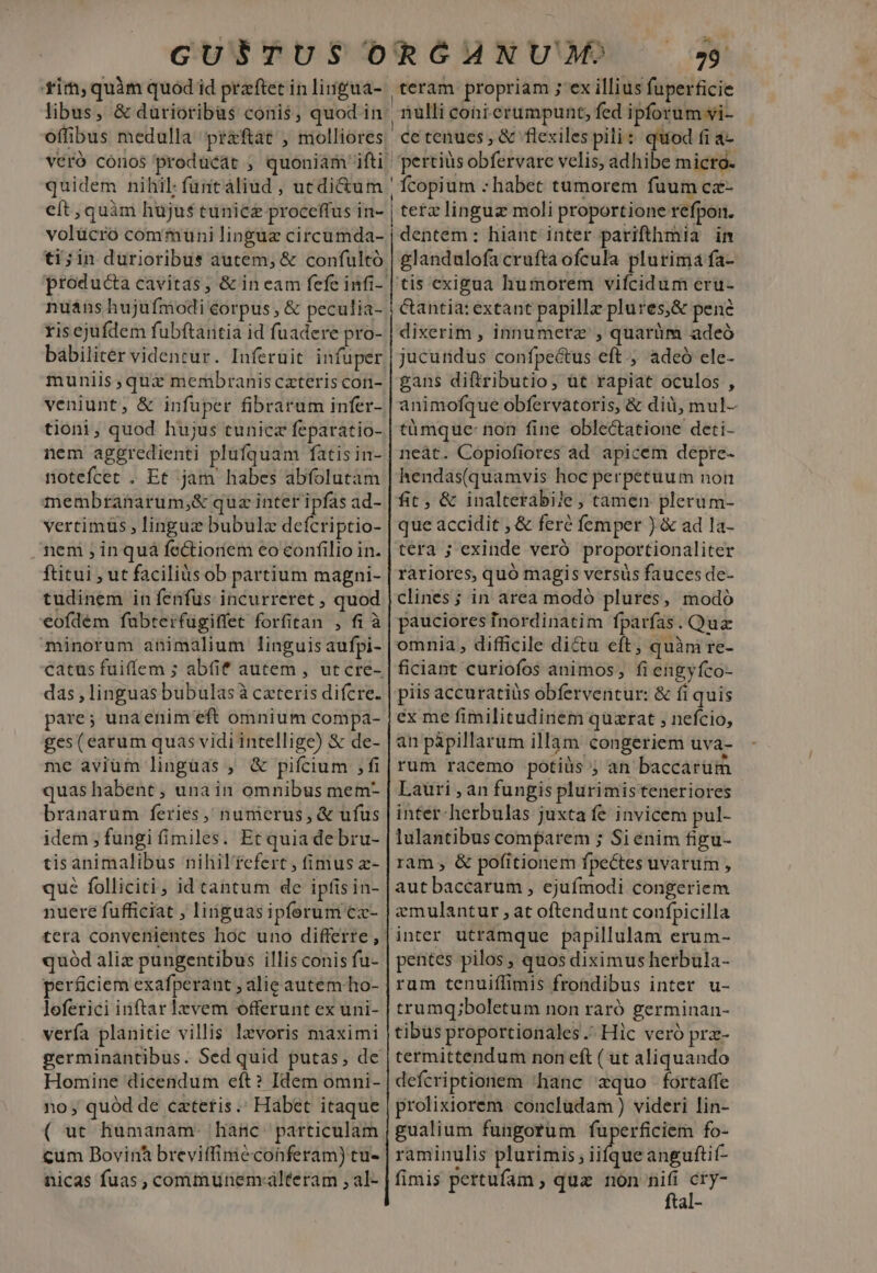 fim, quàm quod id praftet in lingua- teram propriam ;'ex illius fuperficie Ícopium : habet tumorem fuum cz- volücroó communi linguz circumda- nuáns hujufmodi corpus , &amp; peculia- risejüfdem fubftantia id fuadere pro- babilicér videntur. Inferuit infuper muniis,qui membranis cxteris con- veniunt, &amp; infuper fibrarum infer- tioni, quod hujus tunicz feparatio- nem aggredienti plüfquam fatisin- notefcet . Et jam habes abfolutam membranarum,&amp; quz inter ipfas ad- vertimus , linguz bubulz defcriptio- neni ; in quá fectioriem eo confilio in. ftitui , ut faciliüs ob partium magni- tudinem in fenfus incurreret , quod eofdém fubterfügiffet forfitan , fi à minorum animalium linguisaufpi- catus fuifíem ; abfif autem , ut cre- das , linguas bubulasà cateris difcre. pare; unaenim'eft omnium compa- ges (earum quas vidi intellige) &amp; de- me aviüm linguas ; &amp; pifcium ,fi quas habent , una in omnibus mem- branarum feries, numerus, &amp; ufus idem ; fungi (imiles. Et quia debru- tisanimalibus nihil tefert , fimus z- qué folliciti, id tantum de ipfis in- nuere fufficiat , liiguas ipferum €x- tera convenientes hoc uno differre, quód alix pungentibus illis conis fu- perficiem exafperant ; alie autem ho- loferici inftar lzvem offerunt ex uni- verfa planitie villis lzvoris maximi germinantibus. Sed quid putas, dc Homine dicendum eft? Idem omni- no , quód de ezteris.' Habet itaque ( uc humanam. hanc particulam cum Bovinà breviffimié conferam) tu- nicas fuas, communem-alteram , al- dentem: hiant inter parifthmia in glandulofa crufta ofcula plurima fa- &amp;antia: extant papillz plures,&amp; pene dixerim , innumerz' , quarüim adeó jucundus confpectus eft; adeó ele- gans diftributio, üt rapiat oculos , animofque obfervatoris, &amp; dià, mul- tümque: non fine oble&amp;atione deti- neàt. Copiofiores ad apicem depre- hendas(quamvis hoc perpetuum non fic, &amp; inalterabile, tamen plerum- que accidit , &amp; feré femper ) &amp; ad la- tera ; exinde veró proportionaliter rariores, quó magis versus fauces de- clines; in area modó plures, modó pauciores Inordinatim fparfas. Quz omnia , difficile di&amp;u eft, quàm re- ficiant curiofos animos, fi engyfco- piis accuratiüs obferventur: &amp; fi quis ex me fimilitudinem quzrat , nefcio, an pàpillarum illam congeriem uva- rum racemo potiüs ; an baccarüim Lauri , an fungis plurimis teneriores inter-herbulas juxta fe invicem pul- lulantibus comparem ; Si énim figu- ram , &amp; pofitionem fpectes uvarum , aut baccarum , ejufmodi congeriem emulantur , at oftendunt confpicilla inter utramque papillulam erum- pentes pilos, quos diximus herbula- rum tenuiífimis frondibus inter u- trumq;boletum non raró germinan- tibus proportionales. Hic veró prz- termittendum non cft ( ut aliquando defcriptionem 'hanc «quo fortaffe prolixiorem concludam ) videri lin- gualium fungotum fuperficiem fo- raminulis plurimis; iios aanit fimis pertufam , quz non  dl-