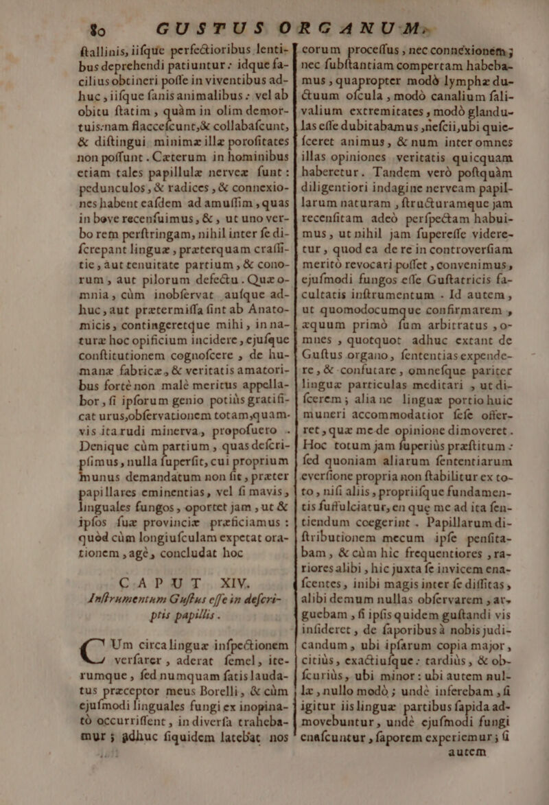 $o ftallinis, iifque perfe&amp;ioribus lenti- bus deprehendi patiuntur: idque fa- cilius obtineri poffe in viventibus ad- huc iifque fanisanimalibus : vel ab obitu ftatim , quàm in olim demor- tuis:nam ade collabafcunt, &amp; diftingui minimz illz porofitates non poffunt . Czterum in hominibus etiam tales papillule nervez funt: pedunculos , &amp; radices , &amp; connexio- nes habent caídem ad amuffim , quas in bove recenfuimus , &amp; , ut uno ver- bo rem perftringam, nihil inter fe di- Ícrepant linguz , preterquam craífi- tie, aut tenuitate partium , &amp; cono- rum , aut pilorum defe&amp;u . Quz o- mnia, cüm inobfervat aufque ad- huc,aut prztermiffa (int ab Anato- micis , contingeretque mihi , in na- turz hoc opificium incidere , ejufque conftitutionem cognofcere , de hu- manz fabrice, &amp; veritatis amatori- bus forté non malé meritus appella- bor , fi ipforum genio potiiis gratifi- cat urusobfervationem totam,quam- vis itarudi minerva, propofuero . Denique cüm partium , quas dcícri- fimus , nulla fuperfit, Pdf M cai eet demandatum non fit , przter papillares eminentias , vel fi mavis ; linguales fungos , oportet jam , ut &amp; ipfos fuz provincie przficiamus : qued cüm longiufculam expetat ora- tionem , age , concludat hoc CAPUT XIV. Anlirumentum Guflus cffe in defcri- piis papillis . C Um circalinguz infpe&amp;ionem verfarer , aderat femel, ite- rumque , fed numquam fatis lauda- tus eem tor meus Borelli, &amp; cüm ejufmodi linguales fungi ex inopina- tó occurriffent , in diverfa traheba- mur j gdhuc fiquidem lateDac. nos 4424 nec fubftantiam compertam habeba- mus , opp modó lymphz du- &amp;uum ofcula , modó canalium fali- valium extremitates , modó glandu- las effe dubitabamus ,nefcii,ubi quie- Íceret animus, &amp; num inter omnes illas opiniones veritatis quicquam haberetur. Tandem veró poftquàm diligentiori indagine nerveam papil- larum naturam , ftru&amp;uramque jam recenfitam adeó perípe&amp;am habui- mus , ut nihil jam fupereffe videre- tur , quod ea de re in controverí(iam meritó revocari poffet ; convenimus, ejufmodi fungos e(fe Guftatricis fa- cultatis inftrumentum . Id autem, ut quomodocumque confirmarem , azquum primó [ipd arbitratus , o- mnes , quotquot adhuc extant de Guftus organo, fententias expende- re , &amp; confutare , omnefíque pariter lingua particulas meditari , ut di- Ícerem ; aliane linguz portio huic muneri accommodatior fefe offer- ret quz mede opinione dimoveret . Hoc totum jam fuperiüs preftitum : fed quoniam aliarum fententiarum to , ni(i aliis , propriifque fundamen- tis fuffulciatur, en que me ad ita fen- tiendum coegerint . Papillarum di- ftributionem mecum ipfe penfita- bam, &amp; càm hic frequentiores ,ra- riores alibi , hic juxta fe invicem ena- fcentes , inibi magis inter fe diffitas , alibi demum nullas obíervarem , ac- guebam , fi ipfis quidem guftandi vis infideret , de faporibusà nobis judi- candum , ubi ipfarum copia major , citius , eaa cine : tardis , &amp; ob- Ícuriàs, ubi minor : ubi autem nul- lx ,nullo modó ; undé inferebam , fü igitur iislinguz partibus B ro movebuntur, undé ejufmodi fungi enafcuntur , faporem experiemur ; i autcm