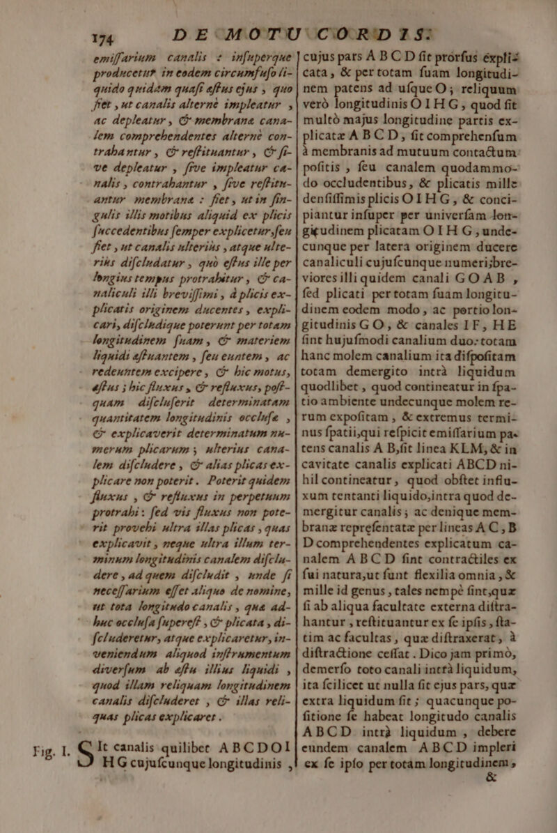 emiffarium canalis 2. in[uperque producetu? in eodem circumfufo (i- quido quidam quaft effus ejus , quo fet , «ut cazalis alterné impleatur. , ac depleatur , &amp; membrana cana- Jem comprehendentes alterne con- trabantur , C reffituantur , C fr- ve depleatur , ffve impleatur ca- nalis , contrabantur , frve reffitn- antur membrana : fiet, ut in fin- gnlis illis motibus aliquid ex plicis fccedentibus femper explicetur;fen fet , ut canalis nlterins , atque ulte- riks difcludatur , quo effus ille per longius tempus protrabetur , C ca- naliculi ilhi breviffimi , d plicis ex- plicatis originem ducentes , expli- cari, di[cindique poterunt per totam longitudinem [nam C materiem liquidi eff uantem , feu euntem , ac - redeuntem excipere , C bic motus, efLus 5 bic fluxus , C refluxus, poff- quam difciuferit determinatam quantitatem longitudinis occlufe , € explicaverit determinatum nn- merum plicarum y. ulterius cana- lem difcludere , &amp; alias plicas ex- plicare non poterit. Poterit quidem fiuxns , C refluxus in perpetuum protrabi : fed vis fluxus non pote- rit provebi ultra illas plicas , quas explicavit , neque ultra illum ter- minum longitudinis canalem difcla- dere , ad quem difcludit ,. unde fi necefJ arium effet aliquo de nomine, ut tota longitudo canalis , qu&amp; ad- huc occln[a fuperef? , C plicata , di- fc/uderetur, atque explicaretur, in- veniendum Aliquod infi rumentum diverf(um ab effu illius liquidi , quod illam reliquam longitudinem canalis difcinderet , C illas veli- quas plicas explicaret . cujus pars A B C D fit prorfus expliz cata, &amp; pertotam fuam longitudi- nem patens ad ufque O ; reliquum veró longitudinis O IH G , quod fit multó majus longitudine partis ex- — ABCD, fit comprehenfum membranis ad mutuum contactum: pofitis , feu. canalem quodammo- do occludentibus, &amp; vlichtis mille denfiffimis plicis OI H G , &amp; conci- piantur infuper per univerfam lom- gicudinem plicatam OIH G , undc- cunque per latera originem ducere canaliculi cujufcunque numeri;bre- viores illi quidem canali GO AB , fed plicati per totam fuam longitu- dinem eodem modo, ac pertio lon- gitudinis GO, &amp; canales IF, HE fint hujufmodi canalium duo: totam hanc molem canalium ita difpofitam totam demergito intrà liquidum quodlibet , quod contineatur in fpa- tio ambiente undecunque molem re- rum expofitam , &amp; extremus termi- nus fpatii,qui refpicit emiffarium pa« tens canalis A B,fit linea KLM, &amp; in cavitate canalis explicati ABCD ni- hil contineatur, quod obftet infiu- xum tentanti liquido,intra quod dc- mergitur canalis; ac denique mem- branz reprefentatz perlineas A C , B D comprchendentes explicatum ca- nalem A BC D fint contractiles ex fui natura,ut funt flexilia omnia , &amp; mille id genus , tales nempé finc,quz fi ab aliqua facultate externa diftra- hantur , reftituantur ex fe ipfis , fta- tim ac facultas , quz diftraxerat; à diftra&amp;ione ceffat . Dico jam primo, demerío toto canali intfà liquidum, ita fcilicet ut nulla fit ejus pars, quz extra liquidum fit ; quacunque po- fitione fe habeat longitudo canalis ABCD intrà liquidum , debere eundem. canalem. ABC D impleri