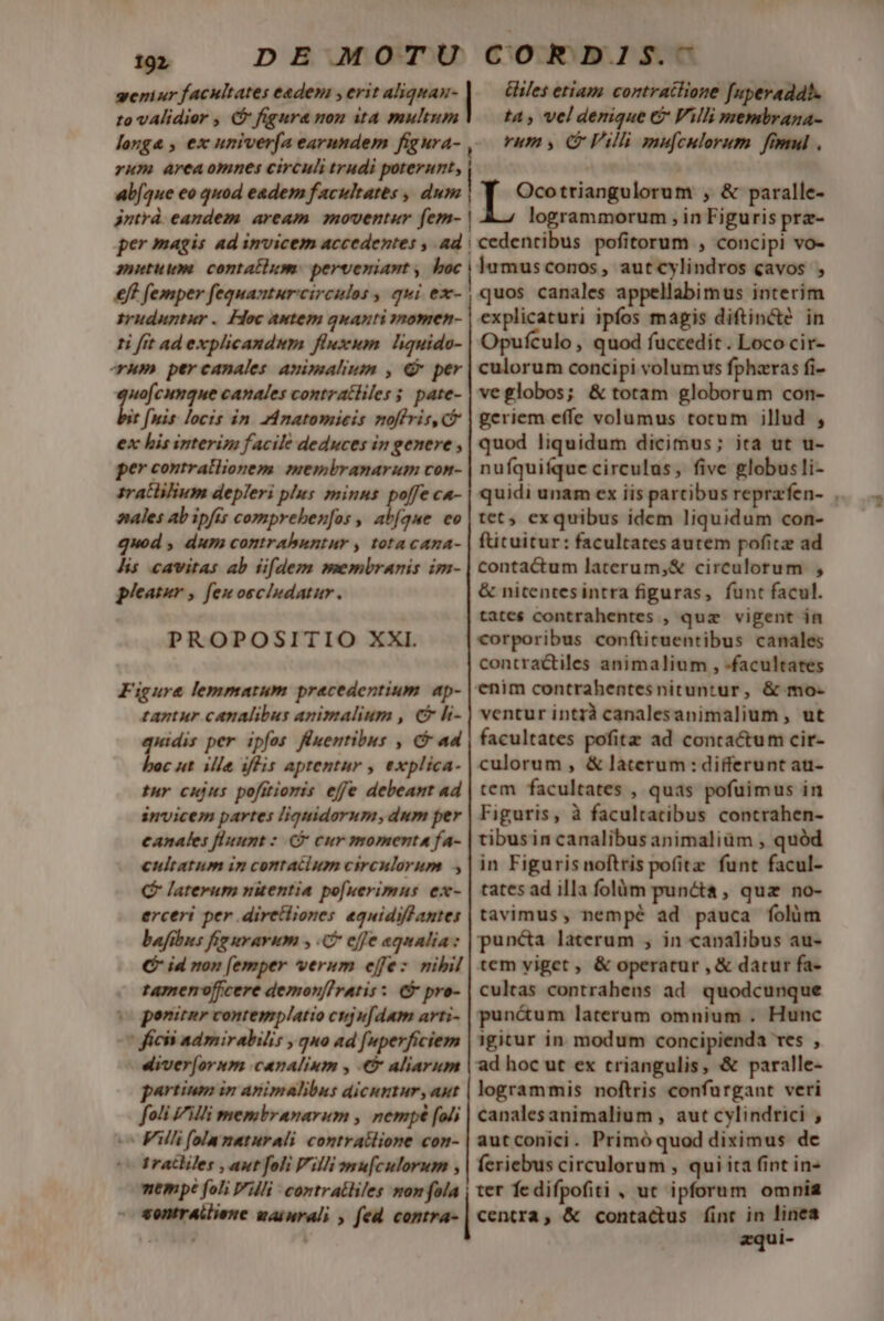 sg — DE MOTU CORDIS.^ weniur facultates eadem , erit aliquan- | éliles etiam contractione [nperadat. to validier , ( figura non ita multum] — ta, veldenique € Villi membrana- longa , ex univerfa earundem figura- ,.— vum, C Villi mu[culorum fimul . rum areaomnes circuli trudi poterunt, ab[que eo quod eadem facultates , dum | T triangulorum , &amp; paralle- | logrammorum , in Figuris prz- antrd eandem aream. moventur fem- per magis ad invicem accedentes , ad | cedentibus pofitorum , concipi vo- mutuum. contatlum: perveniant , boc | lamusconos, autcylindros cavos , €f femper fequazturcirculos , qui ex- | quos canales appellabimus interim srudauntur . Hoc antem quanti mnomen- | explicaturi ipfos mapis diftin&amp;t? in ti fit ad explicandum. fluxum. liquido- | Opufculo , quod fuccedit . Loco cir- crum percanales. animalium , € per | culorum concipi volumus fphzras fi- uofcunque canales contratliless pate- | veglobos; &amp; totam globorum con- it (nis locis in. rdnatomieis noflris, C$ | geriem effe volumus totum illud , ex his interim facile deduces in genere , | quod liquidum dicimus; ita ut u- per contratlionem. membranarum con- | nufquifque circulas, five globusli- sratclilium depleri plus minns poffe ca- | quidi unam ex iis partibus reprafen- . nales ab ipfts compreben[os , ln eo | tet, exquibus idem liquidum con- quod , dum contrahuntur , totacana- | fütuitur: facultates autem pofitz ad Jis cavitas ab ti[dem membranis im- | conta&amp;um laterum,&amp; circulorum , pleatur , fen oscindatur. &amp; nitentesintra figuras, funt facul. tates$ contrahentes , quz vigent in PROPOSITIO XXI. corporibus conftituentibus canales contractiles animalium , facultates Figure lemmatum praecedentium. ap- | enim contrahentes nituntur , &amp; mo- tantur canalibus animalium , € li- | ventur intrà canalesanimalium , ut idis per ipfos fluentibus , Ck ad | facultates pofitz ad contactum cir- Ls ile iflis aptentur , explica- | culorum , &amp; laterum:differunt au- tur cujus pofitioris effe debeant ad | tcm facultates , quas pofuimus in invicem partes liguidorum, dum per | Figuris, à facultatibus contrahen- canales fluunt zy cur momenta fa- | tibusin canalibus animaliüm , quód eultatum im contacium circulorum ,|in Figurisnoftris pofitz funt facul- C laterum nitentia pofuerimnus ex- | tates ad illa folüm puncta, quz no- erceri per diretiiones equidiff antes | tavimus , nempé ad pauca folüm bafibus fig uvarum , C effe «qnalia: | puncta laterum , in canalibus au- (C id non (emper verum effe: nibil | tem viget , &amp; operatur , &amp; datur fa- tamen officere demon/Iratis: G&amp; pro- | cultas contrahens ad. quodcunque (o ponitnr contemplatio cujufdam artri- | pun&amp;um laterum omnium . Hunc | ficii ad miralilis , quo ad fuperficiem | 3gitur in. modum concipienda res , diver(ornm canalium , € aliarum | ad hoc ut ex triangulis, &amp; paralle- partium in animalibus dicuntur, aut | Yogrammis noftris confurgant veri foli Villi membranarum , nempé (aij | canalesanimalium , aut cylindrici , ^ Falli (olanaturali contratlione con- | aut conici. Primó quod diximus de Tratliles , aut foli Pilli smu[culorum , | feriebus circulorum , quita fint in- memp foli Villi contratliles mon fola | ver fedifpofiti , ut ipforum omnia ^ sentrailiene mainrali , fed contra-| centra, &amp; contactus finr in linea NUT aqui-