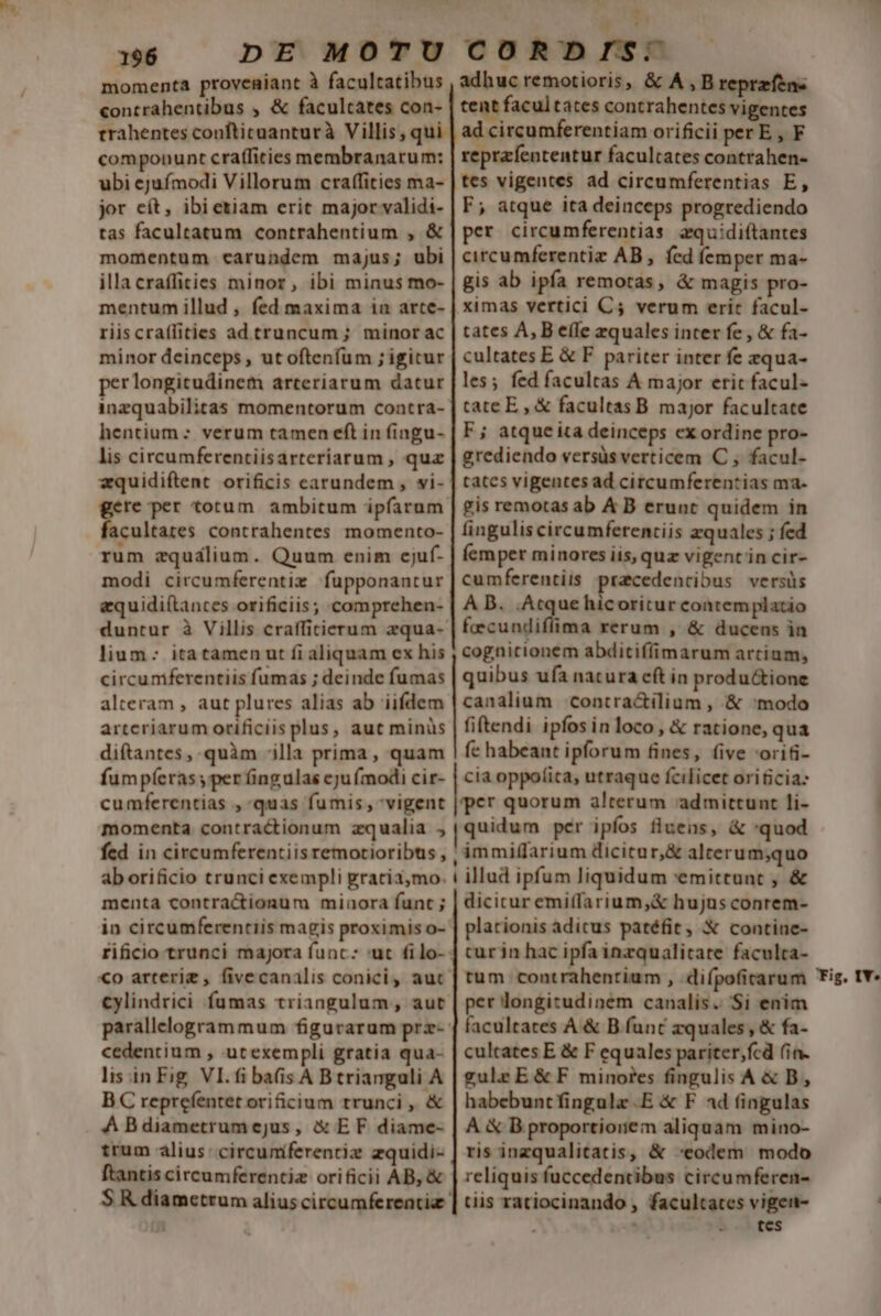 momenta proveniant à facultatibus contrahentibus .»«&amp; faculcates con- trahentes confticuanturà Villis; qui. componunt craffities membranarum: ubi ejufmodi Villorum craffities ma- jor eít, ibi etiam erit major validi- tas facultatum contrahentium , &amp; momentum earundem majus; ubi illacraffities minor, ibi minus mo- mentum illud , fed maxima in arte- riiscraffities ad truncum; minor ac minor deinceps , ut oftlenfum ; igitur perlongitudinem arteriarum datur inzquabilitas momentorum contra- hentium ; verum tamen eft in fingu- lis circumferentiisarteriarum , quz zquidiftent orificis carundem , vi- gere per totum. ambitum ipfarum facultates contrahentes momento- rum zquádlium. Quum enim ejuf- modi circumferentiz fupponantur uidiítantes orificiis; comprehen- duntur à Villis crafficierum zqua- lium: itatamen ut fi aliquam ex his circumferentiis fumas ; deinde fumas alteram , aut plures alias ab iifdem arteriarum orificiis plus, aut minüs diftantes, quàm illa prima, quam fumpíeras y per fingulas eju (modi cir- adhuc remotioris, &amp; A,B tent facultates contrahentes vigentes ad circumferentiam orificii per E , F reprafententur facultates contrahen- tes vigentes ad circumferentias E, F; atque ita deinceps progrediendo per circumferentias aquidiítantes circu mferentiz AB , fed femper ma- gis ab ipfa remotas, &amp; magis pro- ximas vertici C5 verum eric facul- tates A, B effe zquales inter fe , &amp; fa- cultates E &amp; F. pariter inter fe zqua- les; fed facultas A major erit facul- tate E, &amp; facultas B major facultate F; atqueita deinceps exordine pro- grediendo versüsverticem C , facul- tates vigentes ad circumferentias ma- gis remotas ab A B erunt quidem in fingulis circumferenciis zquales ; fed Íemper minores iis, quz vigent in cir- cumferentiis pracedencibus versüs A B. .Atque hicoritur contemplatio faecundiffima rerum , &amp; ducens in cognitionem abditiffimarum artium, quibus ufa natura eft in produ&amp;ione canalium contra&amp;ilium , &amp; :modo fiftendi ipfos in loco, &amp; ratione, qua fc habeant ipforum fines, (ive 'orifi- cia oppoíita, utraque fcilicet oriicia: menta contractionum miaora funt ; in circumferentiis magis proximis o- Xo arterig , fivecanalis conici, aut Cylindrici fumas triangulum, aut parallelogrammum figurarum prz-- cedentium , utexempli gratia qua- lis in Fig, VI. fi bais A Btrianguli A B C reprefentet orificium trunci , &amp; A B diametrum ejus, &amp; E F diame- trum alius: circumferenciz zquidi- dicicur emiffarium,&amp; hujus conrem- plationis aditus patéfit, X contine- curin hac ipfa inzqualitate faculta- tum contrahentium , di(pofirarum per longitudinem canalis. Si enim facultates A &amp; B func zquales, &amp; fa- cultates E &amp; F equales pariter,fcd (in- gule E&amp; F minores fingulis AB, habebunt fingule E &amp; F ad fingulas A &amp; B proportioiiem aliquam mino- ris inzqualitatis, &amp; '*eodem modo reliquis fuccedentibus circumferen- tiis ratiocinando , facultates vigeiu- if tes Tig. IY*