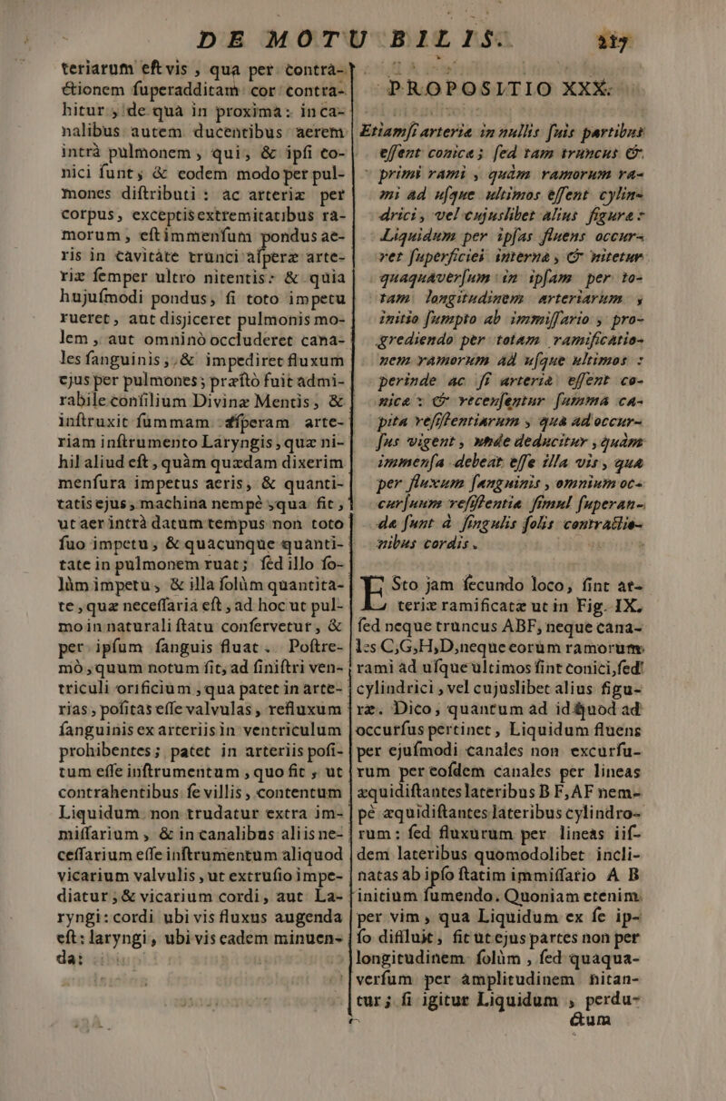 teriarum eftvis , qua per. contra- &amp;ionem fuperadditam: cor: contra- hitur.j'de qua in proxima: inca- nici funty &amp; codem modo per pul- mones diftributi : ac arteriz per corpus, exceptisextremitatibus ra- morum, eftimmenfum pondus ae- ris in cavitàte trunci afperz arte- rir femper ultro nitentis: &amp; «quia hujuímodi pondus; fi toto impetu rueret, aut disjiceret pulmonis mo- lesfanguinis;;&amp; impediret fluxum inftruxit fümmam - fíperam arte- hil aliud eft, quàm quzdam dixerim menfura impetus aeris, &amp; quanti- tatisejus , machina nempé 5qua fit , utaerintrà datum tempus non. toto fuo impetu, &amp; quacunque quanti- tate in pulmonem ruat; féd illo fo- lümimpetu; &amp; illa folàm quantita- te quz neceffaria eft ; ad hoc ut pul- moin naturali ftatu confervetut , &amp; per. ipfum fanguis fluat ... Poftre- mó quum notum fit, ad finiftri ven- prohibentes ; patet in arteriis pofi- Liquidum. non trudatur extra im- ceffarium effe inftrumentum aliquod ryngi:cordi ubi vis fluxus augenda dai cibis iu OPROPOSLTIO XXX. Etiam arteria im nullis. fuis partibus effent comica; [ed tam truncus e. v primi rami , quàm ramorum va- mi ad ufque. ultimos effent. cylin- drici, vel eujuslibet Alius figura * Liquidum per ipfas fluens occur vet fuperficieà. interna ; C nitetur .quaquaver[um im ipfam per to- tam lengitudimem arteriarum. y zmitio Jumpto ab. immiffarto y pro- &amp;rediendo per tol&amp;ya ramtficatia- nem vamerum Ad u[que ultimos : perinde ac [ff arteria. effent co- mice t C vecerfegtur [umma ca- pita vefnlentinrum y qua ad occur- fus vigent , nhde deducitur , quàpz immenfa debear effe illa vis, qua per fluxum [angninis , omnium oc- cur|uurs vefiffentia. fimnl fuperan-. de funt à fingulis folit contratlie- vibus cordis . PUITS Sto jam fecundo loco, fint at- terit ramificatz uc in Fig. IX, fed neque truncus ABF, neque cana- l:s C,G;H;D,neque eorüm ramorum: rami àd ufque ultimos fint conici,fed! cylindrici , vel cujuslibet alius figu- rz. Dico, quantum ad id uod ad occurfus pertinet , Liquidum fluens per ejufmodi canales non. excurfu- rum per eofdem canales per lineas zquidiftantes lateribus B F, AF nem- pé «quidiftantes Jateribus cylindro-- rum : fed fluxurum per. lineas iif- dem lateribus quomodolibet incli- natas ab ipío ftatim immiffario A B initium fumendo. Quoniam etenim. per vim , qua Liquidum ex fe ip- fo difiluit , ficut ejus partes non per longitudinem. folàm , fed quaqua- verfum per amplitudinem hitan- tur; fi igitur Liquidum , perdu- &amp;um (t^