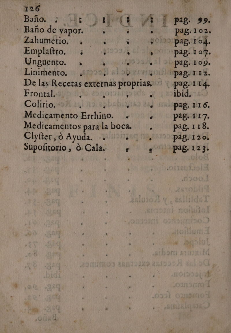 126 dl q o AO Baños 3 Hs ¿A AO paa 99. y ¡Baño de yapor eo AO a Dari Ealuliétio. 4000008 20050 pag. 104. Emplaftro. 5 po pag. 107. Unguento. » , 903 pag. 109. Linimeñto, + 423 op rip nd. De las Recetas externas proprias. pag. 114. Frontal. e o o o ibid, | Colirio. 59% ¿24 ) . * Pag. 116. Medicamento Errhino. + . pag. 117. Medicamentos para la boca. . pag, 118. Clyfíter,0 Ayuda. -. + , pag. 120. - Supolitorio , O Cala. y y pg. 123.