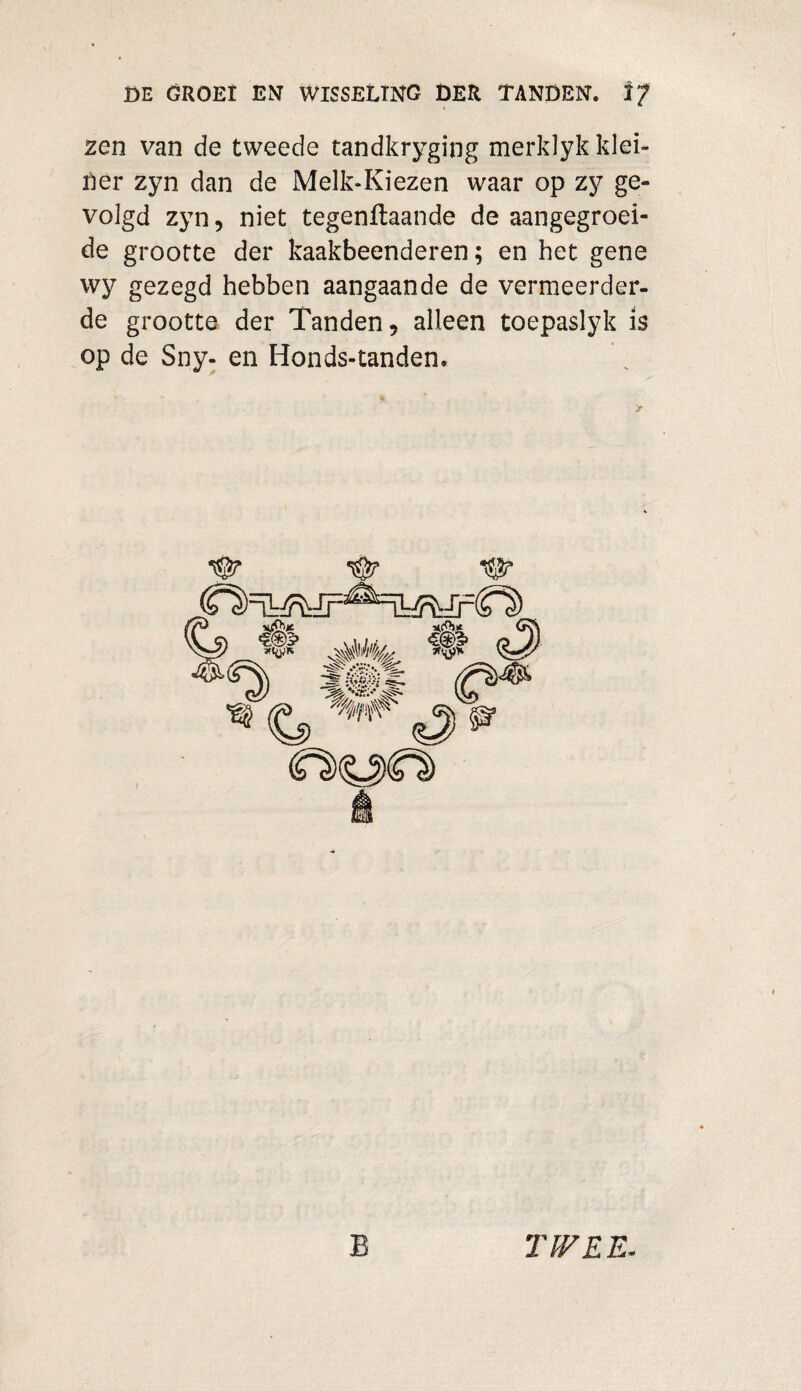 zen van de tweede tandkryging merklyk klei¬ ner zyn dan de Melk-Kiezen waar op zy ge¬ volgd zyn, niet tegengaande de aangegroei¬ de grootte der kaakbeenderen; en het gene wy gezegd hebben aangaande de vermeerder¬ de grootte der Tanden, alleen toepaslyk is op de Sny- en Honds-tanden, B TWEE-