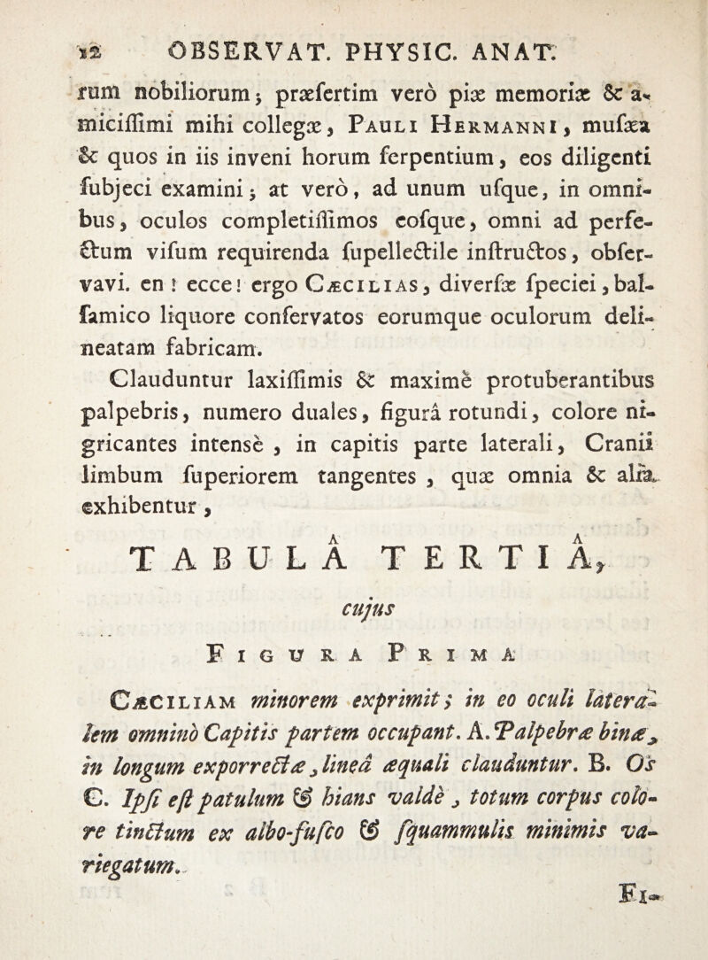 —* ty t* •* fom nobiliorum > prxfertim vero pise memorias & a« miciflimi mihi collegas, Pauli Hermanni , mufaea & quos in iis inveni horum ferpentium, eos diligenti fubjeci examinij at vero, ad unum ufque, in omni¬ bus, oculos completiflimos cofque, omni ad perfe- ftum vifum requirenda fupelle&ile inftruftos, obfer- vavi. en * ecce! ergo Caecilias, diverfx fpeciei,bal- famico liquore confervatos eorumque oculorum deli- neatam fabricam. Clauduntur laxiffimis maxime protuberantibus palpebris, numero duales, figura rotundi, colore ni¬ gricantes intense , in capitis parte laterali, Cranii limbum fuperiorem tangentes , quae omnia &c alia, exhibentur, a» TABULA TERTIA, cujus Figura Prima Caciliam minorem exprimit i in eo oculi latera- lem omnino Capitis partem occupant. A. cPalpebr£ bina* m longum exporreffia 3 linea aquali clauduntur. B. Os G. Ipjl efl patulum ££ hians valde , totum corpus colo¬ re tinttum ex albo-fufco & fquammulis minimis va¬ riegatum... Fi»