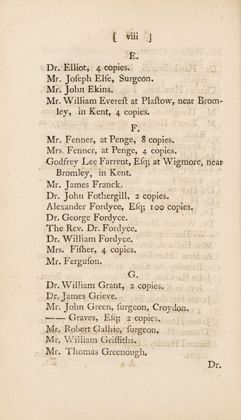 E. Dr. Elliot, 4 copies. Mr. Jofeph Elfe, Surgeon. Mr. John Ekins. Mr. William Evereft at Plaftovv, near Brom¬ ley, in Kent, 4 copies. F. Mr. Fenner, atPenge, 8 copies. Mrs. Fenner, at Penge, 4 copies. Godfrey Lee Farrent, Efq; at Wigmore, near Bromley, in Kent. Mr. James Franck. Dr. John Fothergill, 2 copies. Alexander Fordyce, Efq; 100 copies. Dr. George Fordyce. .The Rev. Dr. Fordyce. Dr. William Fordyce. Mrs. Fifher, 4 copies. Mr. Fergufon. G. Dr. William Grant, 2 copies. Dr. James Grieve. Mr. John Green, furgeon, Croydon. --Graves, Efq; 2 copies. Mr. Robert Gaihie, furgeon. Mr. William Griffiths. Mr. Thomas Greenongh, Dr.