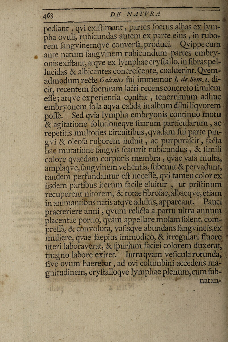 JJlia V LliiJ J- —-j; -7- rem fangvinemqve converfe, produci. Qvippe cum ante natum fangvinem rubicundum partes embry¬ onis exiftant,atqve ex lymphae cryftal io, in fibras pel¬ lucidas & albicantes concrefcente, coaluerint. Qyern- admodum recle Galenus fui immemor 1. de Sem. i. di¬ cit, recentem foeturam lacti recens concreto fimilem effe; atqve experientia confiat, tenerrimum adhuc i embryonem fola aqva calida in album dilui liqvorem pofle. Sed qvia lympha embryonis continuo motu & agitatione folutioneqve fuarum particularum, ac repetitis multoties circuitibus, qvadam fui parte pin- gvi & oleofa ruborem induit, ac purpurafcit, fafia hae mutatione fangvis fcaturit rubicundus, & fimili colore qvaedam corporis membra , qvae vafa multa, amplaqve, langvinem vehentia, fubeunt & pervadunt, tandem perfundantur eft necefie, qvi tamen color ex iisdem partibus iterum facile eluitur , ut priftinum recuperent nitorem, & totae fibrofae,albaeqve, etiam in animantibus natis atqve adultis, appareant. Pauci praeteriere anni, qvum relicfia a partu ultra annnm placentae portio, qyam appellare molam folent, com- prefla, & cOnvoluta, vafisqve abimdans langvineis,ex muliere, qvae faepius immodico, & irregulari fluore uteri laboraverat, & fpurium faciei colorem duxerat, magno labore exiret. Intra qvam veficula rotunda, five ovum haerebat, ad ovi columbini accedens ma¬ gnitudinem, cryftalloqve lymphae plenum, cum fub- natan-