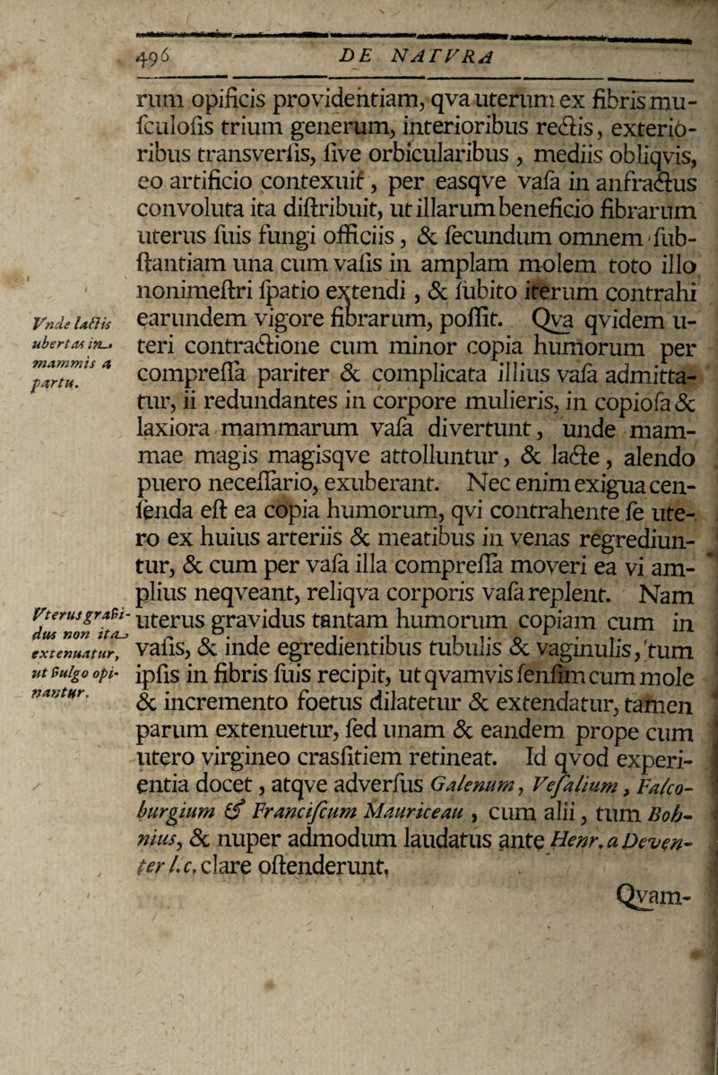 Vnde lallis ubertas in~» mammis a ■partu. Vt erus gravi¬ dus non ita-j extenuatur, tit Vulgo opi¬ nantur. s / rum opificis providentiam, qva uterum ex fibris mu- feulofis trium generum, interioribus rectis, exterio¬ ribus transvertis, five orbicularibus , mediis obliqvis, eo artificio contexuit, per easqve vafa in anfradtus convoluta ita diftribuit, ut illarum beneficio fibrarum uterus fuis fungi officiis, & fecundum omnem Tub- ftantiam una cum vatis in amplam molem toto illo nonimeftri Ipatio extendi, & fu bito iterum contrahi earundem vigore fibrarum, polfit. Qva qvidem u- teri contractione cum minor copia humorum per comprefla pariter & complicata illius vala admitta¬ tur, ii redundantes in corpore mulieris, in copiofa & laxiora mammarum vala divertunt, unde mam¬ mae magis magisqve attolluntur, & la&e, alendo puero neceflario, exuberant. Nec enim exigua cen- lenda eft ea copia humorum, qvi contrahente te ute¬ ro ex huius arteriis & meatibus in venas regrediun¬ tur, & cum per vala illa comprefla moveri ea vi am¬ plius neqveant, reliqva corporis vafa replent. Nam uterus gravidus tantam humorum copiam cum in vafis, & inde egredientibus tubulis & vaginulis/tum ipfis in fibris fuis recipit, utqvamvislenfimcummole & incremento foetus dilatetur & extendatur, tamen parum extenuetur, led unam & eandem prope cum utero virgineo crasfitiem retineat. Id qvod experi¬ entia docet, atqve adverliis Galenum, Vefatium, Falco- burgtum (f Francifium Mauriceau , cum alii, tum Bob- nius, & nuper admodum laudatus ante Henr. a Deven- ter l. c, clare oftenderunt,