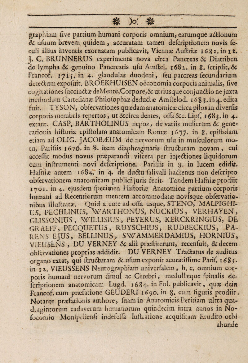 graphiam five partium humani corporis omnium, eammque a&ionum Sc ufuum brevem quidem , accuratam tamen defcriptionem novis fe- euli iliius inventis exornatam publicavit, Viennae Auftriae 16g i. in 12. J. C. BRUNNERIJS experimenta nova drca Pancreas 3c Diatriben de lympha 5c genuino Pancreatis ufu Amilei. 1681. in 8. Icripfit,Se Francof. 1715* in 4. glandulas duodeni, feu patcreas fecundarium detedura expofuit. BRQEKHUISEN oeconomia corporis animalis, live cogitationes fuccinclae deMentejCorpore,& utriusque conjun&io ne juxta methodum Carteiianae Phiioiophias deducte Amitelod. 1683.inq.. edita fuit. TY SON, obfervatianes quaedam anatomica circa pilos m diverfis corporis membris repertos, ut dccirca dentes, ofla&c. Lipfi 1^83.in 4. extant. CASP, BARTHOLINUS nepas* de variis mulierum & gene¬ rationis hiftoria epiftolam anatomicam Romse 1677. in 8, epifrolam etiam ad OLIG, JACOB/EUM de nervorum ufu in mulculorum mo¬ tu, Paridis 1676. in 8. item diaphragmatis firu&uram novam, cui accedit modus novus prteparandi vifcera per injediones liquidorum cum inftrumenti novi defcriptione. Paridis in g. in lucem edidk. Hafnite autem 1684. in 4. cie dudlu falivali hactenus non defcripto obfervationem anatomicam publici juris fecit» Tandem Hafniae prodiit 1701. in 4. ejusdem fpecimen Hiftoriae Anatomicae partium corporis humani ad Recentiorum mentem accommodatas novisque obfervatio- nibus iiluftratae. Quid a cute ad ofia usque, STENO, MALPIGHI- i;S, PECHLiNUS, WARTHONU3, NUCKIUS , VERHAYEN, G! ISSONIUS , WILLISIUS , PEYERUS, KERCKRINGIUS, DE GRAEFF, PECQUETUS, RimCHIUS, RUDBECKIUS, PA~ REMS EJUS, BELLINUS, SWAMMERDAMIUS, HORNIUS, V1EUSENS , DU VERNEY & alii prasflkerunt, recenfuit, & decem obfervationes proprias addidit. DU VERNEY Tractatus de auditus organo extat, qui flruduram & ufum exponit acuratiflime Parif. 1683. in 1 2. VIEUSSENS Neurographiam univerfalem, h. e. omnium cor¬ poris humani nervorum fimul ac Cerebri, medulireque Spinalis de¬ fcriptionem anatomicam Lugd. 1684. in Foi. publicavit, quas dein Francof.cum praefatione GEUDERI i<>90. in g. cum figuris prodiit. Notante praefationis authore, fuamin Anatomicis Peritiam ultra qua- dragintorum cadaverum humanorum quindecim intra armos in No- foeomio Montpelienfi indefeffa iuflratione acquifitam Erudito orbi abunde