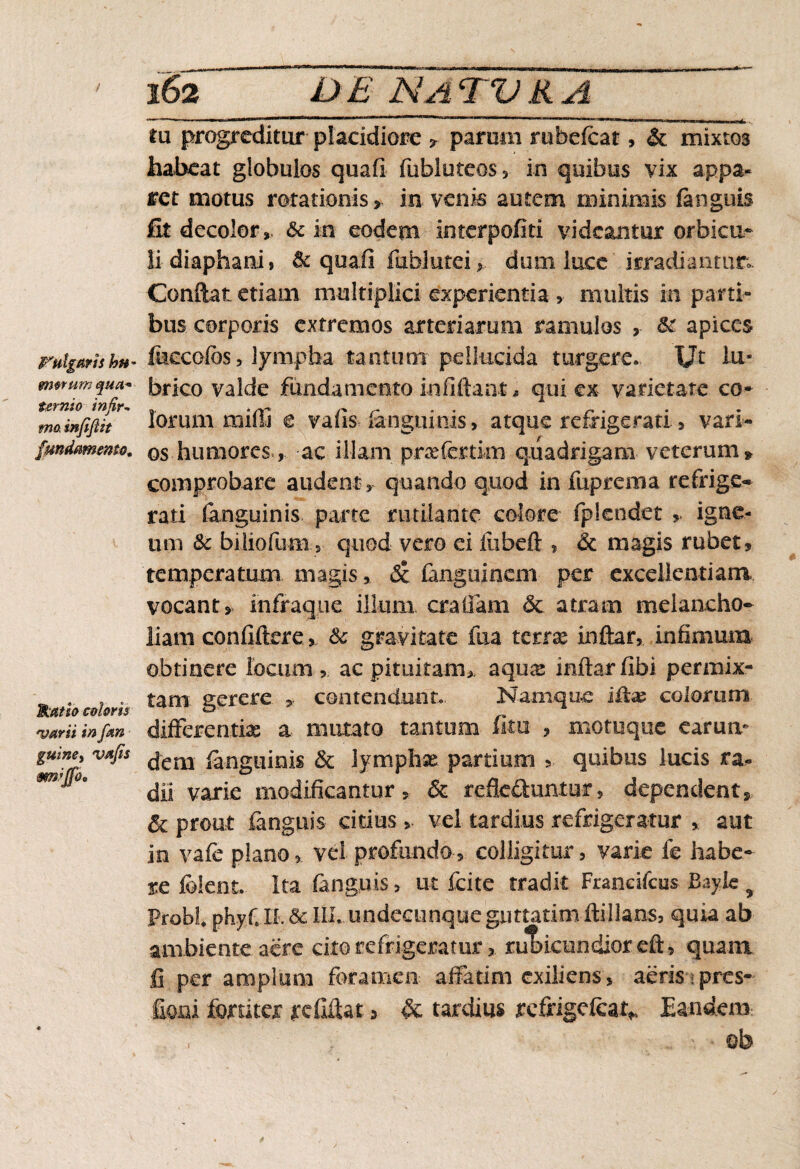 PUlgrns hu' morum qua* ternio infir- mo, infijlit fundamento. Matio coloris •varii in fan guiney vajis mijfo* 162 u £ Na tv r a tu progreditur placidiore * parum rubeicat, & mixtos habeat globulos quafi fubluteos3 in quibus vix appa¬ ret motus rotationis * in venis autem minimis fanguis fit decolor , & in eodem interpofiti videantur orbicu¬ li diaphani, & quafi fublutei* dum luce irradiantur. Confiat etiam multiplici experientia , multis in parti¬ bus corporis extremos arteriarum ramulos , &: apices feeeofos, lympha tantum pellucida turgere. Ut lu¬ brico valde fundamento inflftant * qui ex varietate co¬ lorum raiffi e vafls (anguinis, atque refrigerati, vari¬ os humores, ac illam prsefertim quadrigara veterum» comprobare audent, quando quod in fuprema refrige¬ rati (anguinis parte rutilante colore fplendet igne¬ um & biliofunis quod vero ei fiibeft , & magis rubet, temperatum magis, <5c fanguinem per excellentiam vocant, infraque illum craOam & atram melancho¬ liam confiftere, Sc gravitate fua terrae inftar, infimum obtinere locum , ac pituitam, aqu& inftar fibi permix¬ tam- gerere y contendunt... Namque iffre colorum differentiae a mutato tantum fitu ? motuque earum dem fanguinis & lymphas partium , quibus lucis ra^ dii varie modificantur, & refk&untur, dependent, & prout fanguis citiusvel tardius refrigeratur , aut in vafe planovel profundo, colligitur, varie fe habe¬ re folent. Ita fanguis, ut fcite tradit Francifcus Bayfr ? Probi ph.yCIl.&lIh. undecunque guttatim ftillans, quia ab ambiente aere cito refrigeratur, rubicundior eft, quam fi per amplum foramen affatim exiliens , aeris-• pres-- fioni fortiter rcfiftat > & tardius refrigefeat* Eaedem ' ©b