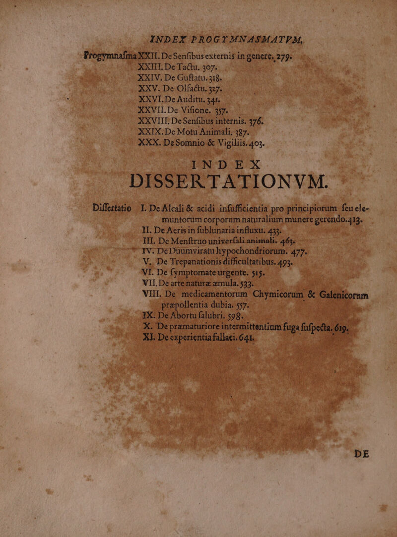 INDEX PROGY MN ASMATPEM, Progymnafma XXII. De Senfibus externis in genere, 279. XXIII De Tactu. 367. XXIV. De Guftatu. 318. XXV. De Olfacu. 327. XXVI. De Auditu. 341. XXVII. De Vifione. 357. XXVIII. De Senfibus internis. 376. XXIX.De Motu Animali, 387. XXX. DeSomnio &amp; Vigiliis. 403. INDEX DISSER TATIONVM. Diffettatio 1. De Alcali &amp; acidi infufficientia pro principiotum feu ele- muntorum corporum naturalium munere gerendo.413. II. De Aerisin fublunaria influxu. 433. III. De Menítruo univerfali animal. 465. TV. De Duumviratu hypochondriorum. 477. V.. De Trepanationis difficultatibus. 493. VI. De fymptomate urgente. 515. VIL De arte nature emula. 533. VIII. De medicamentorum Chymicorum &amp; Galenicorum prapollentia dubia. 557. 3X. De Abortu falubri. 599. X. De pramaturiore intermittentium fuga Jupe óig. XL. De experientia fallaci. 641. DE