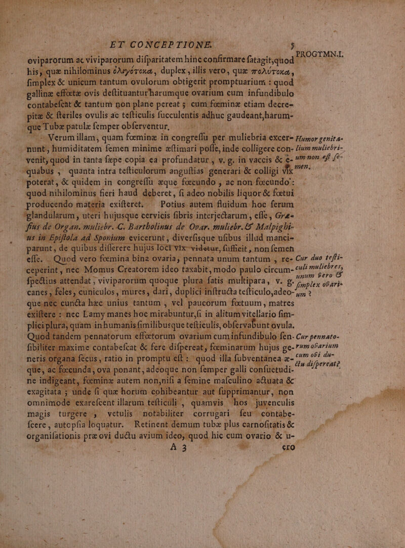 ERO E ERMETMETRUAE LAIT utes a Poo Me -ET CONCEP TIONÉ 5 PROGTMN. L oviparorum ac viviparorum difparitatem hinc confirmare fatagitquod his, que nihilom inus &amp;Acyérexa, , duplex , illis vero, que zeAóroxa, - [m MR. ovulorum obtigerit promptuarium : :quod - sffoetae ovis deftituanturharumque ovarium cum infundibulo ef at &amp; tantum pon plane pereat 5 cum foeminz etiam decre- &amp; fteriles ovulis ac tefticulis fücculentis adhuc gaudeant, harum- que ue Tuba patulz femperobferventur, /— ^. à ^ 2 Nerum illam, quam foemina in congre(fu. dated €XCet^ Fruor genita- ioni Butmiditatem femen minime x(timari poffe, inde. colligere con- Zum muliebri- venit, quod i in tanta fiepe copia. ea profundatur , v. g. in vaccis &amp; e-  ov ^f /*- | quábus , ; quanta intra tefticulorum anguftias: generari &amp; colligi vix ^^ ; spoterat, &amp; quidem in congreffu aque. foecundo , ac non foxcundo': [a . quod nihilominus fieri haud. peret fi adeo nobilis liquor &amp; foetui : producendo materia exifleret..— Potius antem fluidum hoc ferum glandularum, ? uteri hujusque cervicis fibris. interjectarum , efle, Gre- - |fus d Organ. mpuliebr. C. Bartbolinus de Ovar. muliebr.6* Malpighi- t us in Epiftola ad . Spopium. evicerünt; diverfi isque. ufibus ilud manci- parunt, de quibus differere hujus: 1oc v: r E ít di it, non emen — Qued vero foemina bina ovaria; pennata d tantum , re- Cur duo teffi- I ,nec Momus Creatorem ideo taxabit, modo paulo circum- qu UEM W pecia ped Misc VR hr i fatis multipata, v. g.- z (Cmplex obari- j nftruda tefticulo fedi ? E m manes hoe Sud fi in alitumvitellario fim- à, quam inhumanisfimilibusquet tefticulis ,obfervaf unt ovula. E i qr d ovarium cumíinfundib lo fen- Cur penzato- ure at » feminarum hujus Bre CH obPz - m ELO quod illa fübventanea €. difpereat? E nii: Fes non femper galli confietudi- cemin nynifi a fem mine pant s &amp;c | (i que horum. chibeantir au t fupp mántur,,: jd e exarefcent illarum . fticüli,. quamvis | i hos | juvenculis S mapis tur; ere, vetulis - coelS bier corrupari feu wübibe- ^o 7 am Ícere , autopfia loquatur. Retinent demum tubz plus carnofitatis &amp; | à organifationis pre ovi ductu avium ideo, quod. hic cum ovatio &amp; u-. d | VM toy. oe 4* ^uo