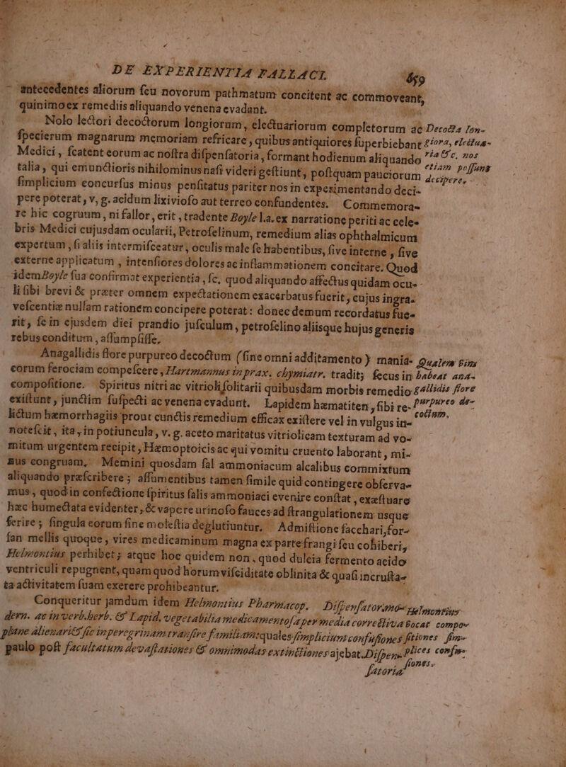 u^ AT TRELTERTS E MM s À Wi s E / * ET - E ] LI Z T Z [4 « cedentes aliorum feu novorum pathmatu »: concitent ac commoveant, quini noex remediis aliquando venena cvadant. AU ui CMS LR — — Nolo lectori decoctorum longiorum , lectuariorum completorum ac DecoZz 7on- Medici, fcatent eorum ac noftra difzx nfatoria , formant hodienum aliqu ando ^ E^. ve: talia, qui emundlioris nihilominusnafi videi geftiunt, po ominusnal gef XEquam pauciorum fimplicinm eoncurfüs minus. peufitatus pariter nos in experimentan do deci- pere poterat , v, g. acidum lixiviofo aut terreo confundentes. Commemora- 1e hic cogrunm, ni fallor , erit , tradente Boyle l.a. e narratione periti ac cele« bris Medici cujusdam ocularii, Pe trofelinum, remedium alias ophthalmicum | expertum , fi aliis intermifceatur , oculis male fe habentibus, -€— 4 : fiv externe applicatum , intenfiores dolores ac inflammationem concitare idem2oy/e fua confirmat experientia, fc, quod aliquando affectus quidam ocu. - li übi brevi &amp; prater omnem expectationem exacerbatus fuerit, cujusingra. —- vefcentiz nullam rationem concipere poterat: donec demum recordatus fue- rit, fein ejusdem diei prandio jufculum, petrofelino aliisque hujus generis : rebusconditum , a(lampfiffe, RE - Anagallidis flore purpureo decoctum corum ferocia dceipere, - Qualem Bins yi ;4Ir. tradit; fecus in 2abeat. ana- lam morbis remedio £4///dis ffore a purpureo de- cocinm., » dioc à  hzc humect et^ ds r ventrict repug 1€ | ta aclivitatem (ua n exerere p | | —» Conq eritur jam dum id em Hel/yzortius Pharmacop. Diffenfatoranós zu Ioyontiser dern. av in verb.berb. €? Lapid. v etabilia medicamentofa pev media covreBliua Gocat compa pine alieuaricy, fie inperveerinam (rav fre foniliamrqu al esfrrmpliciumconfüfianes ftiones fon paulo poft facultatum devaftationes &amp; omtimodas extinilione yajebat.Difpej. PI es confi. ALOrLA, Adm LE P4 EOS horumvifeiditate oblinit  e TECLAS uoo si a&amp; quafi incrufta * fonts. b*e i , la acido  [4 UN E