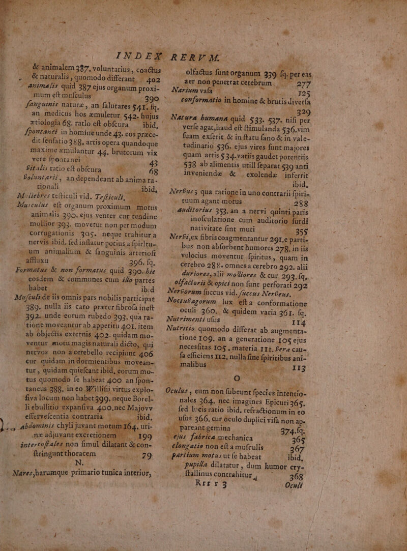 ) S ER oM s PON aturalis , quomodo differant. | 402 fanguinis nature , an fahitares 54: an medicus hos emuletur. 542. h xtiologia 68. ratlo eft obfcura. | Abid, fpontaxei in homineunde 43- eos przce- dit feufatio 358, artis opera quandoque maxime zmulantur 44, brutorum vix vere fpontanei ^. me 43 Jitalisvatioeftobfcura — 7 68 Fo£untarii, an dependeant ab anima ra. tionali bid, . i * cde d MES M: iebres teíticuli vid. TefficuZi, AUN V ; E . LX DNA animalis 390. ejus venter cur tendine corrugationis 305. neque trahitur a nervis ibid. fed inflatur potius a fpirltu-. ^um animalium &amp; fanguinis arterioft . affluxu , -396. fq. Formatus &amp; non formatus quid 390. 4c T4 eosdem | communes cum ilo partes f 'Baber,. d ibid ME den Mufculi de iis omnis pars nobilis participat ..389. nulla iis caro prater fibrofa ineft .^..392. unde eorum rubedo 393. qua ra- tione moveantur ab appetitu 401. item ab objectis externis 402. quidam mo- ventur motumagisn aturali dicto, qui mervos non a cerebello recipiunt 406 cur. quidam in dormientibus m ovean- au arg i s We EUN, tur , quidam quiefcant ibid, eorum mo.  XE CNN CIN S UNESCO tus quomodo fe habeat 400. an fpon- EOD UN X ? taneus 388. in eo Wil fiva locu i r hat 99, neque Borel- i ebullitio expanfi va 400,nec Majovv efferveícentia contraria ibid, juvant mot T i ántercofl ales non fimul dila nt &amp; con- . ftringsntthoracem ^| | 29 N. j JAMASETY. t ONE s ; T ; ? t - à (n * » dis 4 | P» s ^ - - : Er s s M PME ORC NUR li PE Jd io NETUS] . olfactus funt organum 339 Mnper eàs, aer non penetrat cerebrum. |. 277 Naríum vafa dpi d as. TOS corformatio in homine &amp; brutis divería | ep e » p 32 Natura bumana quid 533. 537. nifi per .. verfe agat, haud e(t (timulanda $36.vim fuam exferit &amp; in ftatu fano &amp; in vale- tudinario 536. ejus vires funt majores quam artis 5 34-vatiis gaudet potentiis . 538 ab alimentis utill feparat 539 anti inveniende &amp;.. exolende — inferrit : ibid, Ner£us 5 qua ratione in uno contrarii fpiri- . tuum agant motus b 522898 inofculatione cum auditorio furdi nativitate fint muti A. 95S NerBi,ex fibriscoagmentantur 29L.ep ; i b E £- bus non abforbent humores 278.in iis - velocius moventur fpiritus , quam in - edfactorii &amp; opici non funt perforati 292 Ner&amp;orum fuccus vid. /zccus Nereus, Noct u£agorum ux eft a conformatione -eculi 360, &amp; quidem varia 361. fa. Nutrimezti u(us II4 fa efficiens r12, tibus ani- aipmalibusz Y . P 1lI3 Oculur , eum non fübeunt fpeci es intenti ... nales 364. nec imagines Epicuri 365. —.. fed veis ratio ibid, refractionum in eo .. ufus 366, cur oculo duplici vifa non ap- p areant gemina 374-f3. jus fabrica mechanica 365 .longatio non eft a mufculis. 9267 Bértium motus ut (e habeat ibid, « pupilla dilatatur, dum humor cry- , ftallinus contrahitur b 368 Krry$g 5. Oculi y