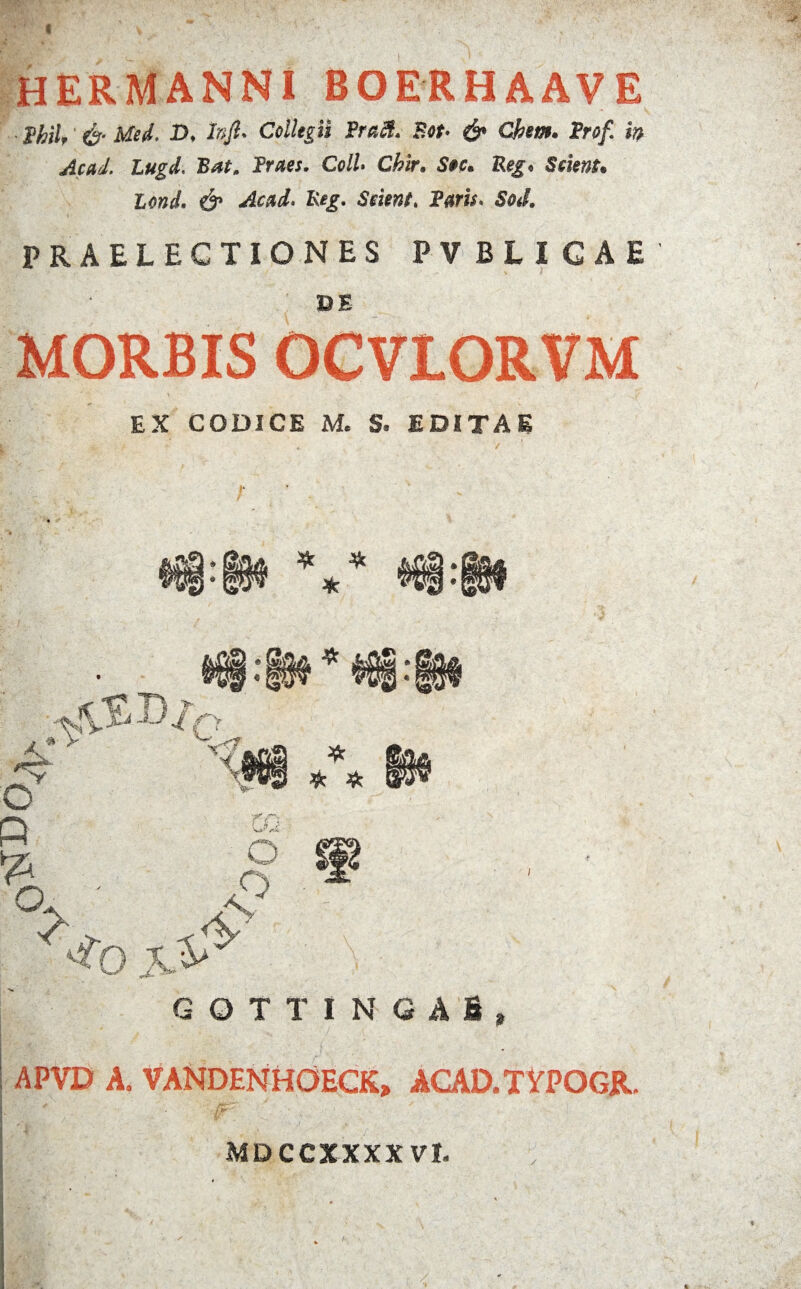 q^DQ hermanniboerhaave PhiU & Med. D. hft* Collegii Prati. Bot> & Qhm. JPn>/ ip «4^. Btf*. Pr^w. ColL Chir. R<?g« £$»*/. Scient. Paris* Sod. PRAELECTIONES PVBLIGAE MORBIS OCVIORVM - * v .,•■•■ _ / . y EX CODICE M. S. EDITAE * # * A • S$a $ ifcQjB * fftfofa ^B/r> ' * * * ffi O is6 GOTTINGAfi, APVD A. VANDENHOECK, ACAD.TYPOGR. ;-r': MDCCXXXXVl- » i' /