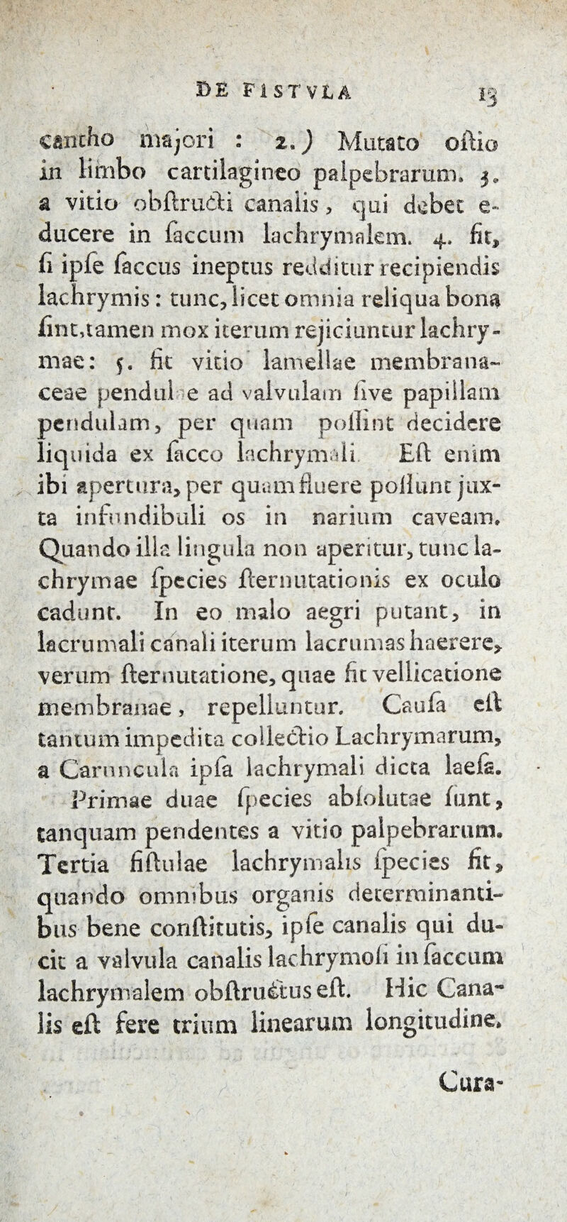 E>E FI ST VIA cantho majori : 2.) Mutato oftio in limbo cartilagineo palpebrarum, 3. a vitio obftrudi canaiis> qui debet e- ducere in faecum lachrymalem. 4, fit, fi ipfe fac cos ineptus redditur recipiendis lachrymis: tunc, licet omnia reliqua bona fint,tamen mox iterum rejiciuntur lachry- mae: $. ht vitio lamellae membrana¬ ceae pendul e ad valvulam live papillam pendulam, per quam poilint decidere liquida ex facco lachrymali Eft enim ibi apertura, per quamfluere poliunt jux¬ ta infundibuli os in narium caveam. Quando illa lingula non aperitur, tunc la~ chrymae fpecies fternutationis ex oculo cadunt. In eo malo aegri putant, in lacrumali canali iterum lacrumas haerere, verum fternutatione, quae fit vellicatione membranae, repelluntur. Caufa eit tantum impedita coiledio Lachrymarum, a Caruncula ipfa lachrymali dicta laefa. Primae duae fpecies abfolutae funt, tanquam pendentes a vitio palpebrarum. Tertia fiftuiae lachrymalis fpecies fit, quando ornmbus organis determinanti¬ bus bene conftitutis, ipfe canalis qui du¬ cit a valvula canalis lachrymoh in faecum lachrymalem obftrudus eft. Hic Cana~ lis eft fere trium linearum longitudine» Cura*