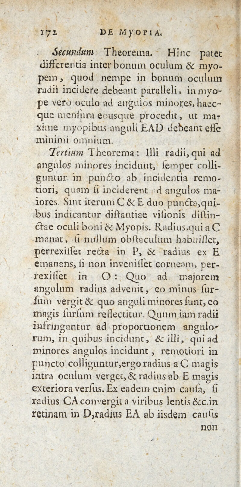 Secundum Theorema, Hinc patet differenda inter bonum oculum & myo¬ pem 3 quod nempe in bonum oculum radii incidere debeant paralleli, inniyo- pe vero oculo ad anguios ininores, haec- que menfura eousque procedit, ut ma¬ xime myopibus anguli EAD debeant elfc minimi omnium. Tertium Theorema: Illi radii,qui ad angulos minores incidunt, iemper colli¬ guntur in putido ab incidentia remo¬ tiori, quam ii inciderent d angulos ma¬ iores Sint iterum C&E duo pundb,qui¬ bus indicantur diftantiae vifionis diftin- ftae oculi boni & Myopis. Radius,qui a C manat, ii nullum obfitacuium habuiilet, perrexiilet reda in P, d: radius ex E emanans, ii non invenilfet corneam, per¬ rexi liet in O : Quo ad majorem angulum radius advenit, eo minus fur¬ iam vergit & quo anguli minoresEunt, eo magis fimum reflectitur. Quum iam radii infringantur ad proportionem angulo-' ram, in quibus incidunt, Sc illi, qui ad minores angulos incidunt, remotiori in puncto colliguntur,ergo radius aC magis intra oculum verget, & radius ab E magis exteriora verfus. Ex eadeui enim cauia, fi radius CA convergit a viribus lentis &c.in retinam in D,radius EA ab iisdem caufls non