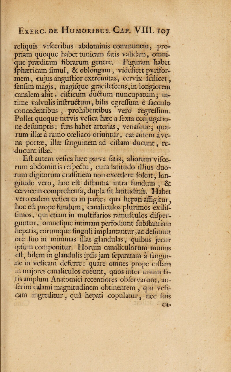 1 Exerc.de Humoribus. Gap, VIII. 107 reliquis vifceribus abdominis communem , pro¬ priam quoque habet tunicam fatis validam, omni» que praeditam fibrarum genere. Figuram habet fphaericam fimul, & oblongam, videlicet pyrifor- mem, cujus angullior extremitas, cervix fcilicet, fenfim magis, magifque gracileicens, in longiorem canalem abit, cifticum dudlum nuncupatum; in¬ time valvulis inllrudtum, bilis egrefium e facculo concedentibus , prohibentibus vero regrelTum» Pollet quoque nervis vefica haec a /exta conjugatio¬ ne defumptis: fuas habet arterias, venafque; qua¬ rum illae a ramo coeliaco oriuntur, eas autem ave¬ na portae, ilke fanguinem ad cillam ducunt, re¬ ducunt illx. Eli autem vefica haec parva latis , aliorum9 vifce- rum abdominis refpedtu, cum latitudo illius duo¬ rum digitorum crafiitiem non excedere foleat; lon¬ gitudo vero, hoc ell dillantia intra fundum , & cervicem comprehenla, dupla fit latitudinis. Habet vero eadem vefica ea 111 parte > qua hepati affigitur, hoc ell prope fundum, canaliculos plurimos exilif- fimos, qui etiam in multifarios ramufculos difper- guntur, omnefque intimam perfodiunt fubllahtiani hepatis, eorumque finguli im plantantur, ac definunt ore fuo in minimas illas glandulas, quibus jecur ipfum componitur. Horum canaliculorum munus ell, bilem in glandulis iplis jam feparatam a langui- .ne in veficam deferre: quare omnes prope cillam m majores canaliculos coeunt, quos inter unum la¬ tis amplum Anatomici rccentiores obfervarunt, an- ferini calami magnitudinem obtinentem , qui vefi- cam ingreditur, qua hepati copulatur, nec fuis ■ ca-