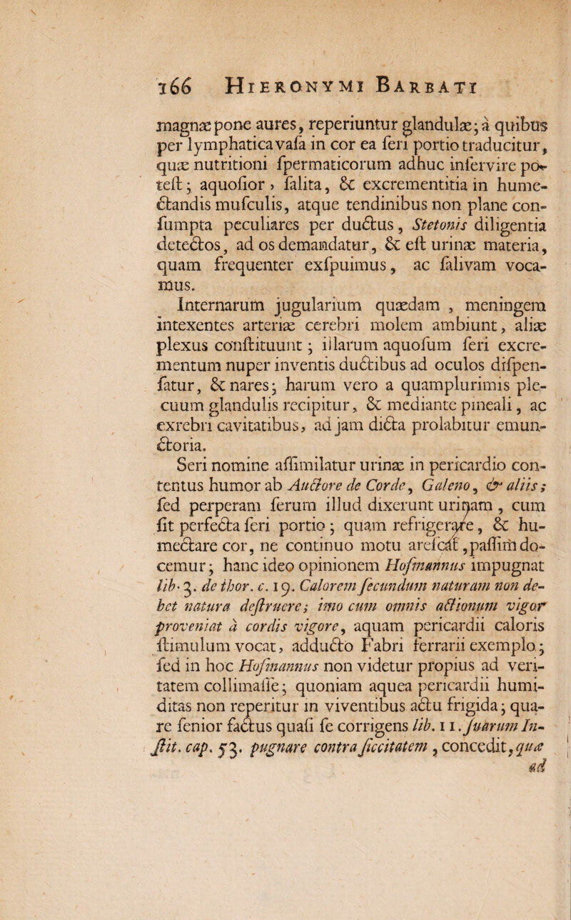 magnas pone aures , reperiuntur glandulas; a quibus per lymphatica vafa in cor ea fen portio traducitur, qum nutritioni fpermaticorum adhuc intervire p<>- tefl;; aquofior > falita, & excrementitia in hume- ftandis mufculis, atque tendinibus non plane con- fumpta peculiares per dudtus, Stetoms diligentia detedlos, ad os demandatur , 6c eft urinae materia, quam frequenter exfpuimus, ac falivam voca¬ mus. Internarum jugularium quasdam , meningera intexentes arterias cerebri molem ambiunt, aliae plexus conftituunt; i i larum aquofum feri excre¬ mentum nuper inventis du£libus ad oculos difpen- fatur, &: nares; harum vero a quam plurimis ple- cuum glandulis recipitur, Sc mediante pineali, ac exrebri cavitatibus, ad jam didta prolabitur emun- dtoria. Seri nomine affimilatur urinas in pericardio con¬ tentus humor ab Anciore de Corde, Galeno, & aliis; fed perperam ferum illud dixerunt urinam , cum fit perfedta feri portio ; quam refrigerare, &C hu- mecfare cor, ne continuo motu ardcdt ,pafiiiiido¬ cemur ; hanc ideo opinionem Hofmmnus impugnat lib • 5. de ihor. c. 19 . Calorem fecundum naturam non de¬ bet natura deflruere; imo cum omnis attionum vigor proveniat a cordis vigore, aquam pericardii caloris llimulum vocat, addudto Fabri ferrarii exemplo; fed in hoc Hofmannus non videtur propius ad ven¬ tarem collimaile; quoniam aquea pericardii humi- ditas non reperitur m viventibus adlu frigida; qua¬ re fenior factus quali fe corrigens lib. 11 .juarum In- Jiit. cap. yj. pugnare contra facit at em , concedit, qua