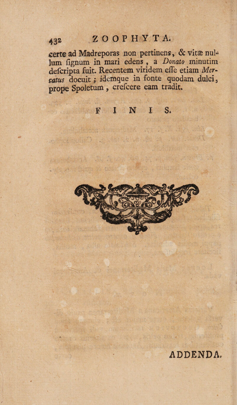 ZOOPHYTA- certe ad Madreporas non pertinens , & vita nul¬ lum fignum in mari edens , a Donato minutim defcripta fuit. Recentem viridem effe etiam Mer¬ catus docuit; idemque in fonte quodam dulci, prope Spoletum , crefcere eam tradit. FINIS. ADDENDA.