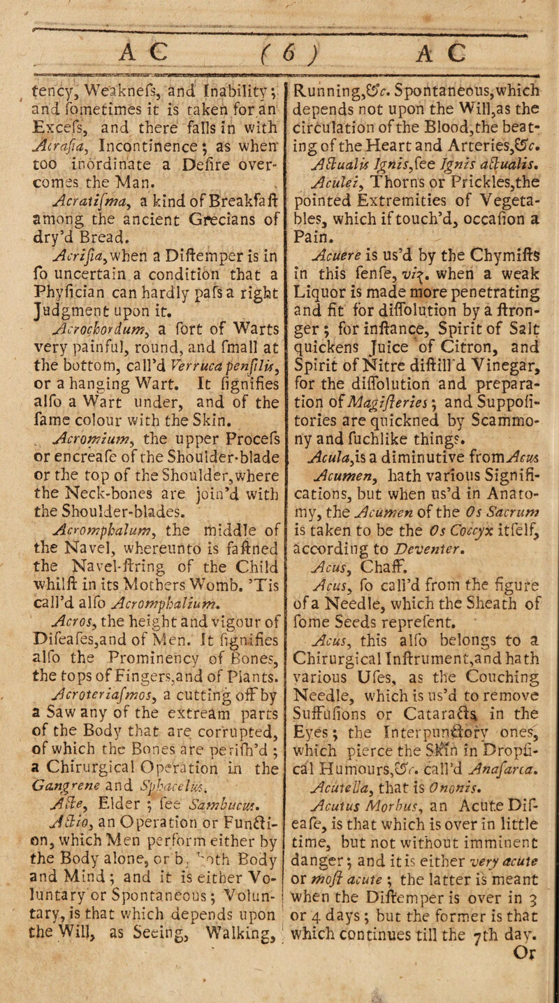 tency, We'aknefs, and Inability; and fometimes it is taken for an Excels, and there falls in with Jltrafia, Incontinence; as when' too inordinate a Defire over- comes the Man. Acratifma, a kind of Breakfaft among the ancient Grecians of dry’d Bread. Acrzfia,when a Diftemper is in fo uncertain a condition that a Phyfician can hardly pafsa right Judgment upon it. Acrochordun?, a fort of Warts very painful, round, and fmall at the bottom, call’d Verrucapen(ilM} or a hanging Wart. It fignifies alfo a Wart under, and of the fame colour with the Skin. Acronrium, the upper Procefs or encreafe of the Shoulder-blade or the top of the Shoulder,where the Neck-bones are join’d with the Shoulder-blades. Acrompbalum, the middle of the Navel, whereunto is fa fined the Navel-firing of the Child whilft in its Mothers Womb. ’Tis call’d alfo Acromphaliun?. Acros, the height and vigour of Difeafes,and of Men. It fignifies alfo the Prominency of Bones, the tops of Fingers,and of Plants. Acroteriafmos, a cutting off by a Saw any of the extream parts of the Body that are corrupted, of which the Bones are perifh’d ; a Chirurgical Operation in the Gangrene and Sphacelus, Elder ; fee Sambucm. Jtlh, an Operation or Fun&i- on, which Men perform either by the Body alone, or b; T'oth Body and Mind; and it is either Vo¬ Running,£5V. Spontaneous,which depends not upon the Will,as the circulation of the Blood,the beat¬ ing of the Heart and Arteries,^. Aftualis Ignis,fee Ignis aftualis. Aculei, Thorns or Prickles,the pointed Extremities of Vegeta¬ bles, which if touch’d, occafion a Pain. Acuere is us’d by the Chymifts in this fenfe, vi^. when a weak Liquor is made more penetrating and fit for diffolution by a ftron- ger; for inftance, Spirit of Salt quickens Juice of Citron, and Spirit of Nitre diftill'd Vinegar, for the diffolution and prepara¬ tion of Magifteries; and Suppoli- tories are quickned by Scammo- ny and fuchlike things. Acula,is a diminutive ftomAcu* Acumen, hath various Signifi¬ cations, but when us’d in Anato¬ my, the Acumen of the Os Sacrum is taken to be the Os Coccyx itfelf, according to Deventer. Acus, Chaff. Acus, fo call’d from the figure of a Needle, which the Sheath of fome Seeds reprefent. Acus, this alfo belongs to a Chirurgical Inffrument,and hath various Ufes, as the Couching Needle, which is us’d to remove Suffufions or CatarafU in the Eyes; the Interpun£iory ones, which pierce the S^in in Dropfi- cal Humours,0V. call’d Anafarca. Acutella, that is Ononis. Acutus Morbus, an Acute Dif- eafe, is that which is over in little time, but not without imminent danger; and it is either very acute or mofi acute ; the latter is meant when the Diftemper is over in 3 luntary or Spontaneous; Volun¬ tary, is that which depends upon the Will, as Seeing, Walking, or 4 days; but the former is that which continues till the 7th day. Or