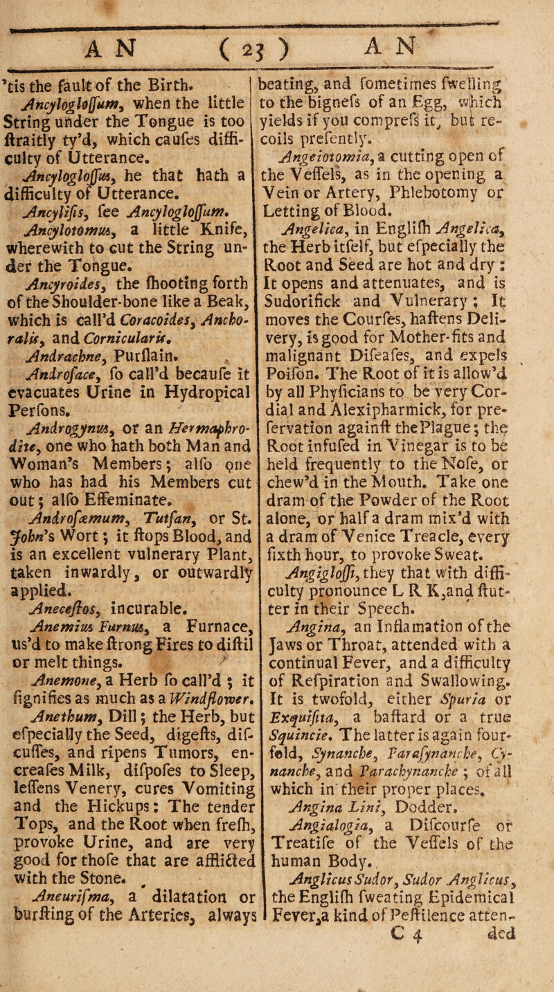 *tis the fault of the Birth. Ancyloglojfum, when the little String under the Tongue is too ftraitly ty’d, which caufes diffi¬ culty of Utterance. Ancylogloflitt, he that hath a difficulty of Utterance. Ancylifis, fee Ancyloglojfum, Ancylotomm, a little Knife, wherewith to cut the String un¬ der the Tongue. Ancyroides, the ffiooting forth of the Shoulder-bone like a Beak, which is call’d CoracoideSy Ancho- rails, and Cornicularis, Andrachney Purflain. Androface, fo call’d becaufe it evacuates Urine in Hydropical Perfons. Androgyni/Ay or an Hermaphro* ditey one who hath both Man and Woman’s Members; alfo one who has had his Members cut out; alfo Effeminate. Androfamum, Tut fan, or St. Wort; it flops Blood, and is an excellent vulnerary Plant, taken inwardly, or outwardly applied. Anecefios, incurable. Anetnim Fumuty a Furnace, us’d to make ftrong Fires to diftil or melt things. Anemone, a Herb fo call’d ; it fignifies as much as a Wzndfiower, Anethum, Dill; the Herb, but efpecially the Seed, digefts, dif- cuffes, and ripens Tumors, en creates Milk, difpofes to Sleep, leffens Venery, cures Vomiting and the Hickups: The tender Tops, and the Root when freffi, provoke Urine, and are very good for thofe that are afflicted with the Stone. Aneurifrnay a dilatation or burfting of the Arteries, always beating, and fometimes fwelling to the bignefs of an Egg, which yields if you comprefs it, but re¬ coils prefently. Angeiotomiciy a cutting open of the Veffels, as in the opening a Vein or Artery, Phlebotomy or Letting of Blood. Angelica, in Engliffi Angelica, the Herb itfelf, but efpecially the Root and Seed are hot and dry : It opens and attenuates, and is Sudorifick and Vulnerary ; It moves the Courfes, haftens Deli¬ very, is good for Mother-fits and malignant Difeafes, and expels Poifon. The Root of it is allow’d by all Phyficians to be very Cor¬ dial and Alexipharmick, for pre- fervation againft thePlague; the Root infufed in Vinegar is to be held frequently to the Note, or chew’d in the Mouth. Take one dram of the Powder of the Root alone, or half a dram mix’d with a dram of Venice Treacle, every fixth hour, to provoke Sweat. Angiglojfly they that with diffi¬ culty pronounce L R K,and flut¬ ter in their Speech. Angina, an Inflamation of the Jaws or Throat, attended with a continual Fever, and a difficulty of Refpiration and Swallowing. It is twofold, either Spuria or Exquifita, a baftard or a true Squincie. The latter is again four¬ fold, Synanche, Varafynanche, Cy- nanche, and Par achy nanche ; of all which in their proper places. Angina Linz, Dodder. Angialogia, a Difcourfe or Treatife of the Veffels of the human Body., AnglicusSudor, Sudor Anglicus, theEnglifh fweating Epidemical Fever^a kind of Pefliience atten-