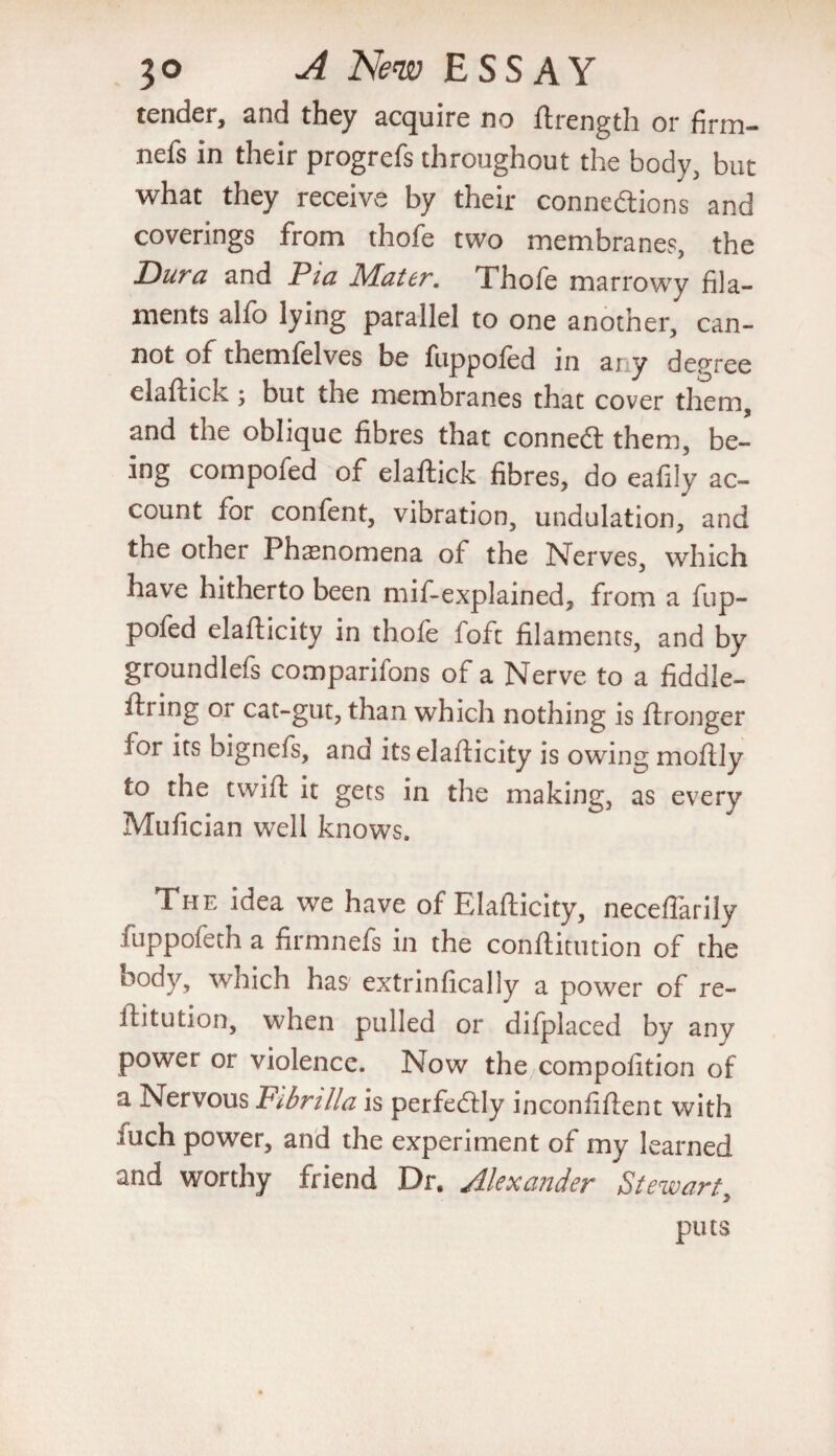 tender, and they acquire no ftrength or firm— nefs in their progrefs throughout the body, but what they receive by their connexions and coverings from thofe two membranes, the Bur a and Pia Mater. Thofe marrow’y fila¬ ments alfo lying parallel to one another, can¬ not of themfelves be fuppofed in any depree elaftick ; but the membranes that cover them, and the oblique fibres that conneX them, be¬ ing compofed of elaftick fibres, do eafily ac¬ count for confent, vibration, undulation, and the other Phenomena of the Nerves, which have hitherto been mif-explained, from a fup¬ pofed elafticity in thofe foft filaments, and by groundlefs comparisons of a Nerve to a fiddle- ftring or cat-gut, than which nothing is ftronger for its bignefs, and its elafticity is owing moftly to the twift it gets in the making, as every Mufician well knows. The idea we have of Elafticity, necefi'arily fuppofeth a firmnefs in the conftitution of the oody, which has extrinfically a power of re¬ ft 1 union, when pulled or difplaced by any power or violence. Now the compofition of a Nervous Fibnlla is perfeXly inconfiftent with iuch power, and the experiment of my learned and worthy friend Dr. Alexander Stewart puts