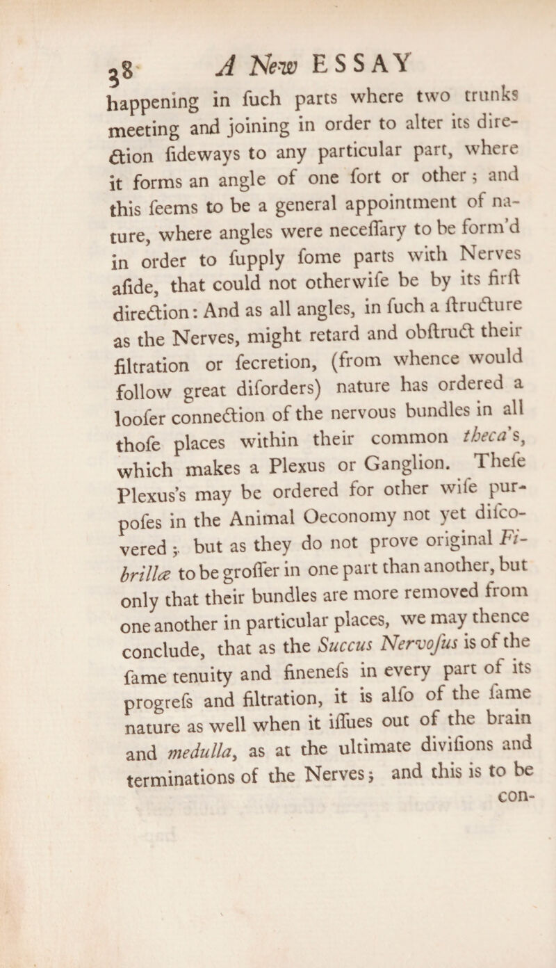 ^8- A New E S S A\ happening in fuch parts where two trunks meeting and joining in order to alter its dire¬ ction Tideways to any particular part, where it forms an angle of one fort or other; and this feems to be a general appointment ot na¬ ture, where angles were necefiary to be form’d in order to fupply fome parts with Nerves afide, that could not otherwife be by its hill diredion: And as all angles, in luch a ftrudure as the Nerves, might retard and obftrud their filtration or fecretion, (from whence would follow great diforders) nature has ordered a loofer connedion of the nervous bundles in all thofe places within their common theca s, which makes a Plexus or Ganglion. Thele Plexus’s may be ordered for other wile pur- pofes in the Animal Oeconomy not yet dilco- vered but as they do not prove original Fi- brillce to be groffer in one part than anothei, but only that their bundles are more removed from one another in particular places, we may thence conclude, that as the Succus NervoJ'us is of the fame tenuity and finenefs in every part of its progrefs and filtration, it is alio of the lame nature as well when it iiTues out of the brain and medulla, as at the ultimate divifions and terminations of the Nerves; and this is to be con-