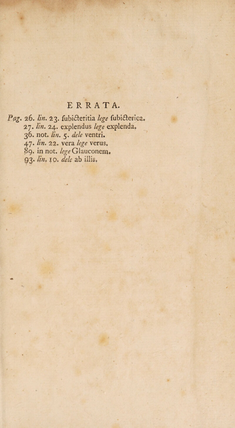 Pag* 26. lin. 23. fubi&eritia lege fubi&eriea. 27. lin. 24. explendus lege explenda* 36. not. lin. 5. dele ventri. 47. lin. 22. vera lege verus. 89. in not. Z^Glauconem» 93. lin, 10. dele ab illis.