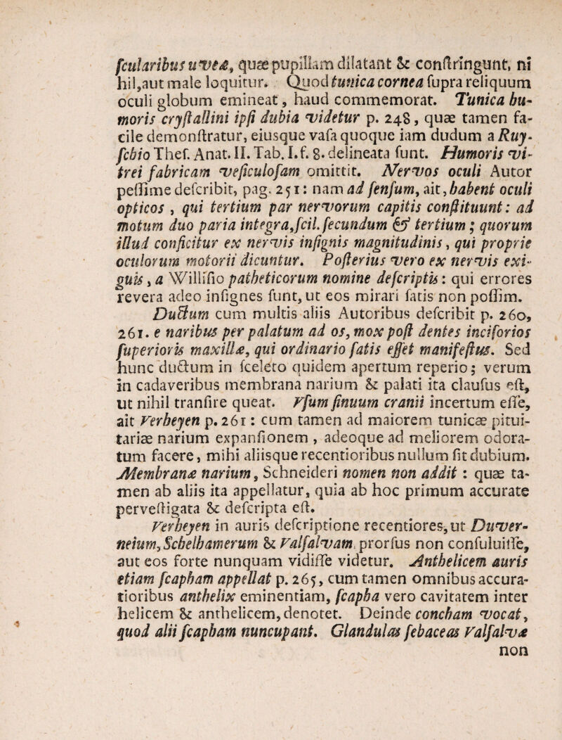 hil,aut male loquitur. Quod tunica cornea fupra reliquum oculi globum emineat, haud commemorat. Tunica hu¬ moris cryftaOini ipji dubia videtur p. 248, quae tamen fa¬ cile demonftratur, eiusque vafa quoque iam dudum a Ruy- fchio Thef. Anat. II. Tab. I.f. 8- delineata funt. Humoris vi¬ trei fabricam veficulofam omittit. Nervos oculi Autor peffime defcribit, pag. 251: nam di fenfum, ait, babent oculi opticos , qui tertium par nervorum capitis confiituunt: ad motum duo paria integrajciifecundum & tertium; quorum illud conficitur ex nervis infignis magnitudinis, qui proprie oculorum motorii dicuntur. Poflerius vero ex nervis exi¬ guis , a Willifio patheticorum nomine defcriptis: qui errores revera adeo infignes funt, ut eos mirari fatis non poffim. Dubium cum multis aliis Autoribus defcribit p. 260, 261. e naribus per palatum ai os, moxpoft dentes inciforios fupermu maxilU, qui ordinario fatis effet tnanifeftus. Sed hunc ductum in (celero quidem apertum reperio; verum in cadaveribus membrana narium & palari ita claufus eft, ut nihil tranfire queat. Ffum fimum cranii incertum effe, ait Verbeyen p. 261: cum tamen ad maiorem tunica' pitui¬ tariae narium expanfionem , adeoque ad meliorem odora¬ tum facere, mihi aliisque recentioribus nullum fit dubium. JHembran£ narium, Schneideri nomen non addit: quae ta¬ men ab aliis ita appellatur, quia ab hoc primum accurate perveftigata <k defcripta eft. Verbeyen in auris defcriptione recenriores,ut Duver- neium, Scbelhamerum & Valfalvam, prorfus non confuluifTe, aut eos forte nunquam vidiffe videtur. Anthelicem auris etiam fcapham appellat p. 265, cum tamen omnibus accura¬ tioribus anthelix eminentiam, fcapha vero cavitatem inter helicem & anthelicem, denotet. Deinde concham vocat, quod alii fcapham nuncupant. Glandulas febaceas Valfalv* non