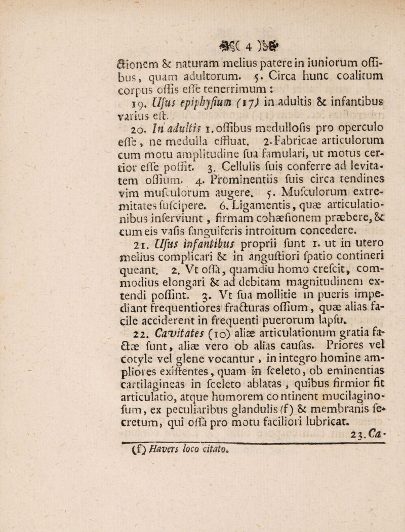 bus, quam adultorum. 5. Circa hunc coalitum corpus offis effe tenerrimum : j9. Ufus epipbyjium (ij) in adultis St infantibus varius e it. 1 20. Iri adultis i.offibus medullofis pro operculo effe, ne medulla effluat. 2. Fabricae articulorum cum motu amplitudine fua famulari, ut motus cer¬ tior effe poliit. 3. Cellulis fuis conferre ad levita¬ tem offium. 4. Prominentiis fuis circa tendines vim mufcuiorum augere. 5. Mufculorum extre¬ mitates fufcipere. 6. Ligamentis, quae articulatio¬ nibus inferviunt, firmam cohaefionem praebere, Sc cum eis valis fanguiferis introitum concedere. 21. Ufus infantibus proprii funt 1. ut in utero melius complicari & in anguftiori fpatio contineri queant. 2. Vt offa, quamdiu homo crefcit, com¬ modius elongari St ad debitam magnitudinem ex¬ tendi poffint, 3. Vt fua mollitie m pueris impe¬ diant frequentiores frafturas offium, quae alias fa¬ cile acciderent in frequenti puerorum lapfu* 22. Cavitates (10) aliae articulationum gratia fa- Qae funt, aliae vero ob alias caufas. Priores vel coryle vel glene vocantur , in integro homine am¬ pliores exiftentes, quam in fceleto, ob eminentias cartilagineas in fceleto ablatas , quibus firmior fit articulatio, atque humorem continent mucilagino- fum, ex peculiaribus glandulis (f) St membranis fe* cretum, qui offa pro motu faciliori lubricat. (f) Havcn loco citato9 - - r ^