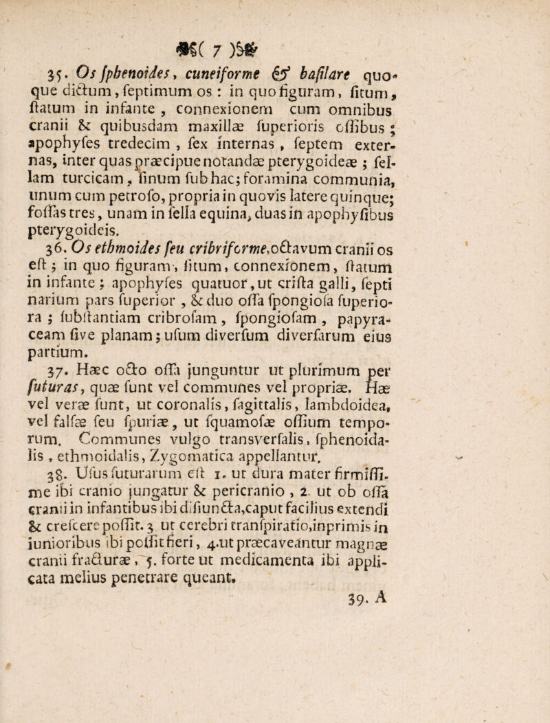 J 35. Osfpbenoides, cuneiforme & baflare quo* que ditium, feptimum os: in quo figuram, ficum, flatum in infante , connexionem cum omnibus cranii Si quibusdam maxillae fuperioris cfiibus ; apophyfes tredecim , fex internas , feptem exter¬ nas, inter quas praecipue notandae pterygoideas; fel¬ iam turcicam, finum fubhac;foramina communia, linum cum petrofo, propria in quovis latere quinque; folfas tres, unam in fella equina, duas in apopbyfibus pterygoideis. 36. Os ethmoides feu cribriforme,oCtavum cranii os eft ; in quo figuram-, litum, connexionem, flatum in infante ; apophyfes quatuof ,ut crifta galli, fepti narium pars fuperior , Si duo offa fpongioia fuperio- ra ; fubllantiam cribrofam, fpongiofam , papyra¬ ceam five planam ;ufum diverfum diverfarum eius partium. 37. Haec odo ofTIi junguntur ut plurimum per futuras, quae funt vel communes vel propriae. Hae vel verae funt, ut coronalis, fagittalis, lambdoidea, vel falfae feu fpuriae, ut fquamofae offium tempo¬ rum. Communes vulgo transverfalis, fphenoida- lis , ethmoidalis, Zygomatica appellantur. 38. Ufus futurarum eft 1, ut dura mater firmiffi. me ibi cranio jungatur Si pericranio , 2. ut ob cfla cranii in infantibus ibi difiunda,caput facilius extendi Si crefcerepoffit. 3 ut cerebri tranfpiratio.inprimisir» junioribus ibipcifitfieri, 4/utpraecaveantur magnas cranii fradurae rj. forte ut medicamenta ibi appli¬ cata melius penetrare queant. 39. A