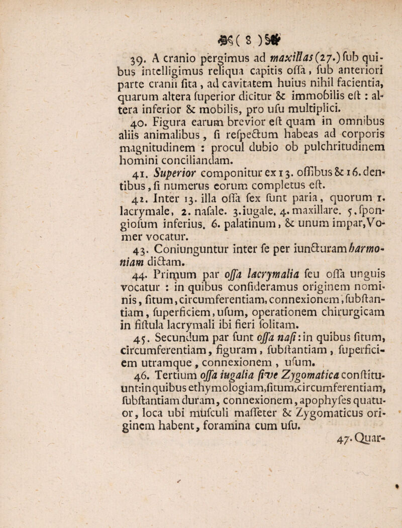 39. A cranio pergimus ad maxillas(27.)fub qui¬ bus intclligimus reliqua capitis offa, fub anteriori parte cranii fita , ad cavitatem huius nihil facientia, quarum altera fuperior dicitur 8c immobilis ell: al¬ tera inferior St mobilis, pro ufu multiplici. 40. Figura earum brevior eft quam in omnibus aliis animalibus, fi refpedum habeas ad corporis magnitudinem : procul dubio ob pulchritudinem homini conciliandam. 41. Superior componitur ex 13. offibus 8c 16. den¬ tibus , fi numerus eorum completus eft. 4z. Inter 13. illa offa fex funt paria, quorum r. lacrymale, 2. nafale. 3.iugale, 4.maxillare. j.fpon- giofum inferius. 6. palatinum, & unum impar,Vo¬ mer vocatur. 43. Coniunguntur inter fe per iunduram Atfmo* niam didam. 44. Priqium par offa lacrymalia feu offa unguis vocatur : in quibus confideramus originem nomi¬ nis , fitum, circumferentiam, connexionem, fubftan- tiam, fuperficiem, ufum, operationem chirurgicam in fiftula lacrymali ibi fieri folitam. 45. Secundum par funt offa najhin quibus fitum, circumferentiam, figuram, fubllantiam , fuperfici¬ em utramque , connexionem , ufum. 46. Tertium offa iugalia five Zygomatica conflitu- unt:inquibusethymologiam,fitum,circumferentiam, fubftantiam duram, connexionem, apophyfes quatu- or, loca ubi mufculi maffeter 8t Zygomaticus ori¬ ginem habent, foramina cum ufu. 47. Quar-