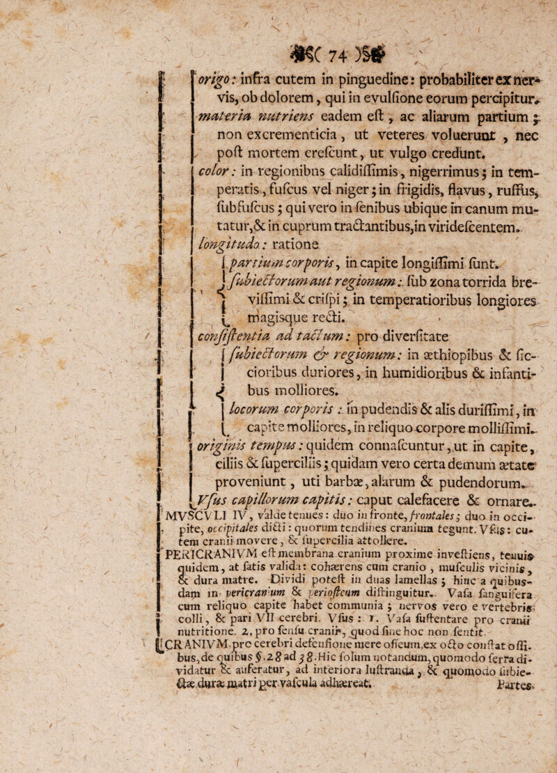 / 'X ] <SK(74)S« v, ' . origo : infra cutem in pinguedine: probabiliter ex ner* vis, ob dolorem, qui in evulfione eorum percipitur, materia nutriens eadem efl;, ac aliarum partium ; non excrementicia, ut veteres voluerunt , nec poft mortem creleunt, ut vulgo credunt. color: in regionibus calidiffimis, nigerrimus; in tem¬ peratis ,fufcus vel niger; in frigidis» flavus, ruffhs, fubfufcus; quivero in lenibus ubique incanum mu¬ tatur,& in cuprum tra£hntibus,in viridefcentem. longitudo : rationa¬ le artium corporis, in capite longiflimi funt. yfpdoiethrum aut regionum: fiib zona torrida bre- | viflimi & crifpi; in temperatioribus longiores magisque recti. confijlentia ad tactum; pro diverftate j fubiecfGrum & regionum: in Aethiopibus & flc- j cioribus duriores, in humidioribus 6c infanti¬ li bus molliores. j locorum corporis in pudendis & alis duriilimi, in { capite molliores, in reliquo corpore molliffimiV originis tempus:quidem connafcuntur ,ut in capite, ciliis & fupercillis; quidam vero certa demum aetate proveniunt, uti barbae,alarum & pudendorum. Vfus capillorum capitis: caput calefacere & ornare.. MVSCVLI IV, valde tenues: duo in fronte, frontales ; duo in occi¬ pite, occipitales difti: quorum tendines cranium tegunt. Vftss: cu¬ tem cranii movere, & fupercilia attollere. PERICRANIVM eft membrana cranium proxime invdliens, tenuia quidem, at fatis valida: cohaerens cum cranio , mufculis vicinis, & dura matre. Dividi poteil in cluas lamellas ; hinc a quibus¬ dam in venerarium & periofiaim dilHnguitur.. Vafa- fanguifera cum reliquo capite habet communia j nervos vero e vertebris colli , 8c pari VII cerebri, Vfus : t, Vafa fuftentare pro cranii « nutritione, z, pro fenfu cranii», ^uodiiue hoc non fentit |U2R ANIVM.pre cerebri defenfioiie mere ofieum,ex o£lo conffat ofll- bus,de quibus §.Z% ad Hic folum notandum, quomodo ferra di¬ vidatur 8c auferatur, ad interiora luftranoa, quomodo iiibie»- &ae durae matri £er vafcula adhaereat; 4 Partes* » l