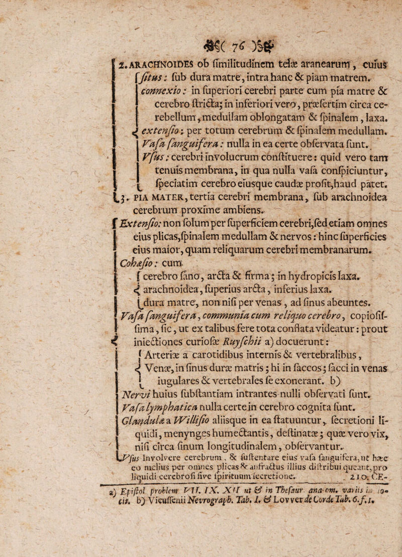 y - i 7^ )Sf£ \fitus: fiib dura matre, intra hanc & piam matrem, connexio; in fuperiori cerebri parte cum pia matre & cerebro ffrifta; in inferiori vero, prsefertim circa ce» rebellum , medullam oblongatam & (pinalem, laxa. ^ extenfioi per totum cerebrurpt & fpinalem medullam. Vafa [anguifera : nulla in ea certe ob fervat a funt. Vfuscerebri involucrum conftituere: quid vero tam I tenuis membrana , in qua nulla vafa confpiciuntur, fpeciatim cerebro eiusque caudx profit,haud patet, tjv pia mater,tertia cerebri membrana, fub arachnoidea cerebrum proxime ambiens. f Zxtenfio: non folum per (uperficiem cerebri,fed etiam omnes eius plicas,fpinalem medullam & nervos: hinc fuperficies eius maior, quam reliquarum cerebri membranarum. Cokdfo: cum. . f cerebro fano , arda & firma; m hydropicis laxa. 4 arachnoidea, fuperius arda, inferius laxa. Indura matre, nonnifi per venas , ad (Inus abeuntes. Vafa [anguifera, communia cum reliquo cerebro, copiofif- I fima, fic, ut ex talibus fere tota conflata videatur: prout i iniectiones curiofe Ruyfchii a) docuerunt: j Arterix a carotidibus internis & vertebralibus , Venx,in finus durx matris; hi in faccos; (acci in venas * iugulares & vertebrales fe exonerant, b) Nervi huius fubftantiam intrantes nulli obfervati funt. Vafa lymphatica nulla certe in cerebro cognita funt. Glandula a Willifio aliisque in eaftatuuntur, fecretioni li¬ quidi , menynges humedantis, deftinatx; qux vero vix, nifi circa finum longitudinalem , obfervantur^ LVfus Involvere cerebrum , 8c fuftentare eius vafa (anguifera,nf hac eo melius per omnes plicasanfra&us illius di ftribui queant, pro liquidi cerebrofi live lpirkuunviecretione. zjo. CE- a) Epiftol pYoblem V\T. IX. X’I ut &' m Tbefaur ana- bm* vatiis i., iq. cis, b) VieuffeaiiNevrogra^h. Tab. L & LovverdeLorde Tab. 6.f,‘/,